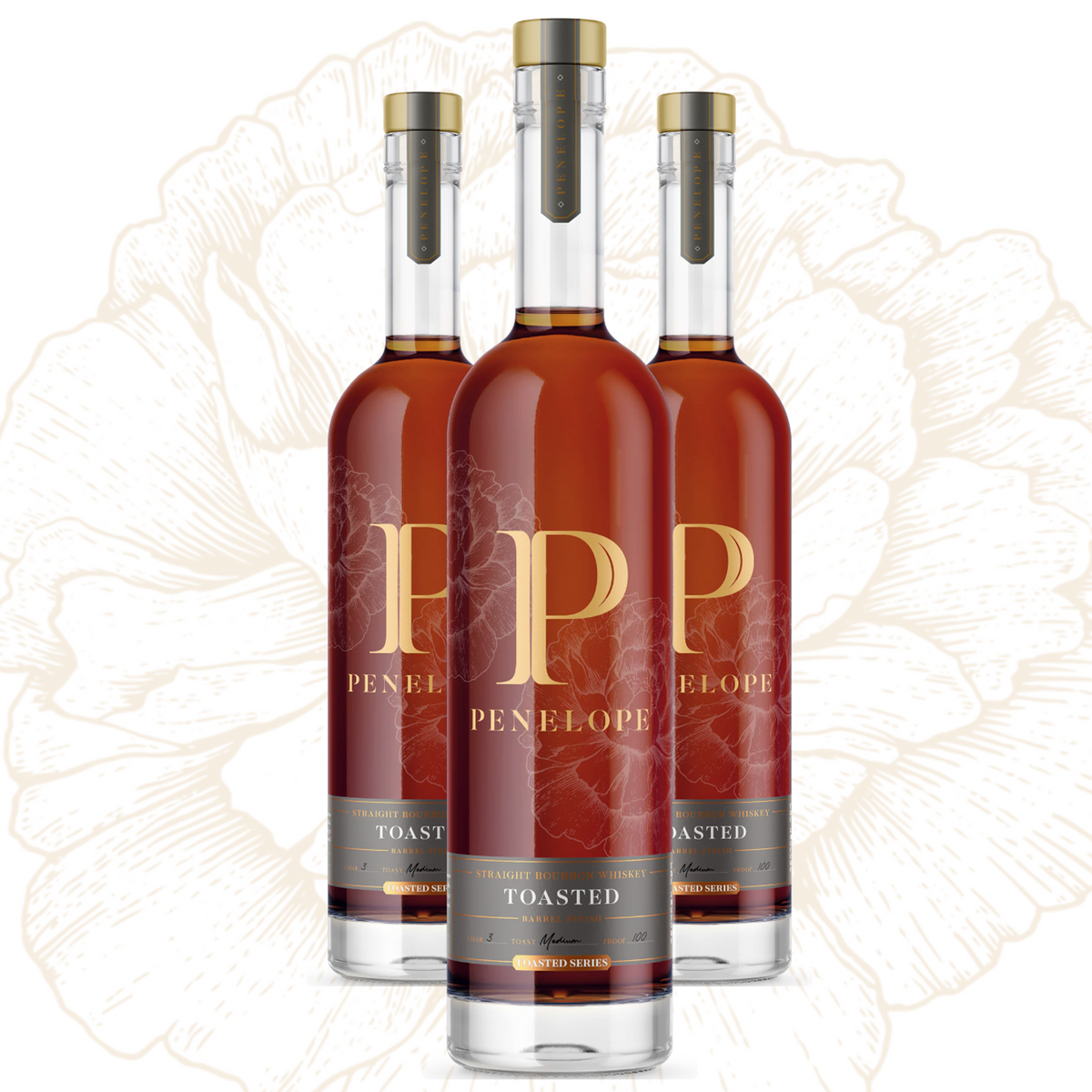 Three bottles of Penelope Toasted Series Bourbon with elegant design and rich amber color.