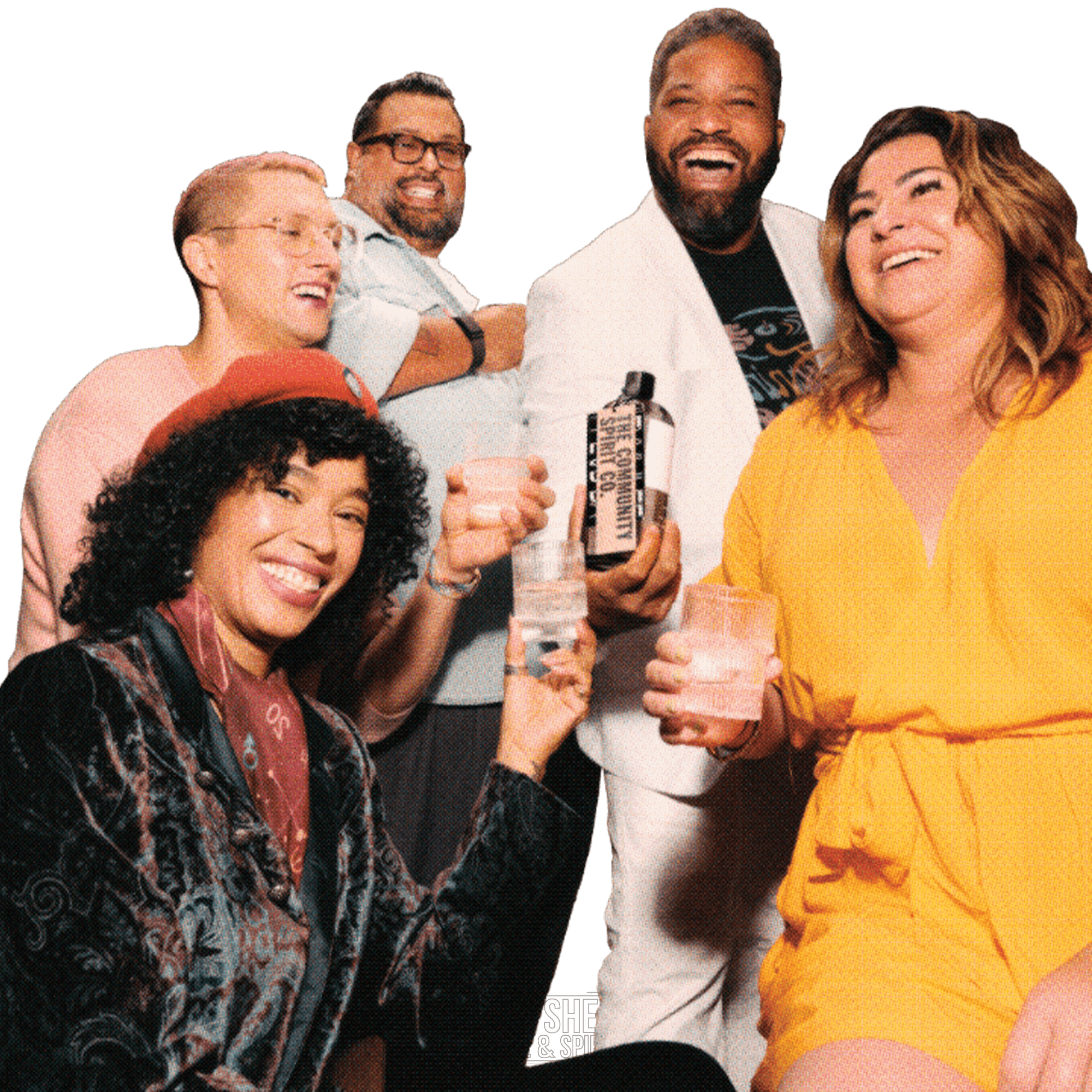 Group enjoying cocktails featuring Community Spirit Vodka and cocktail recipe book, showcasing a lively gathering.