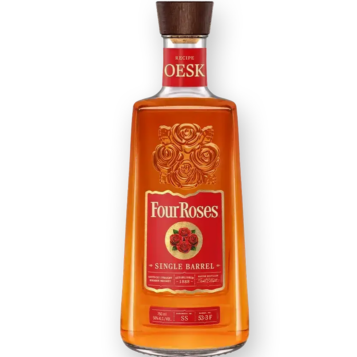 Four Roses OESK Single Barrel Kentucky Straight Bourbon in a decorative bottle, showcasing its rich amber color and elegant design.