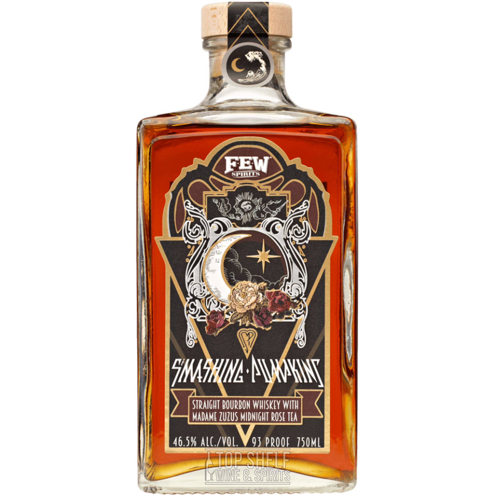 Few Smashing Pumpkins Straight Bourbon bottle showcasing unique design and infused with Madame Zuzu’s Midnight Rose Tea.