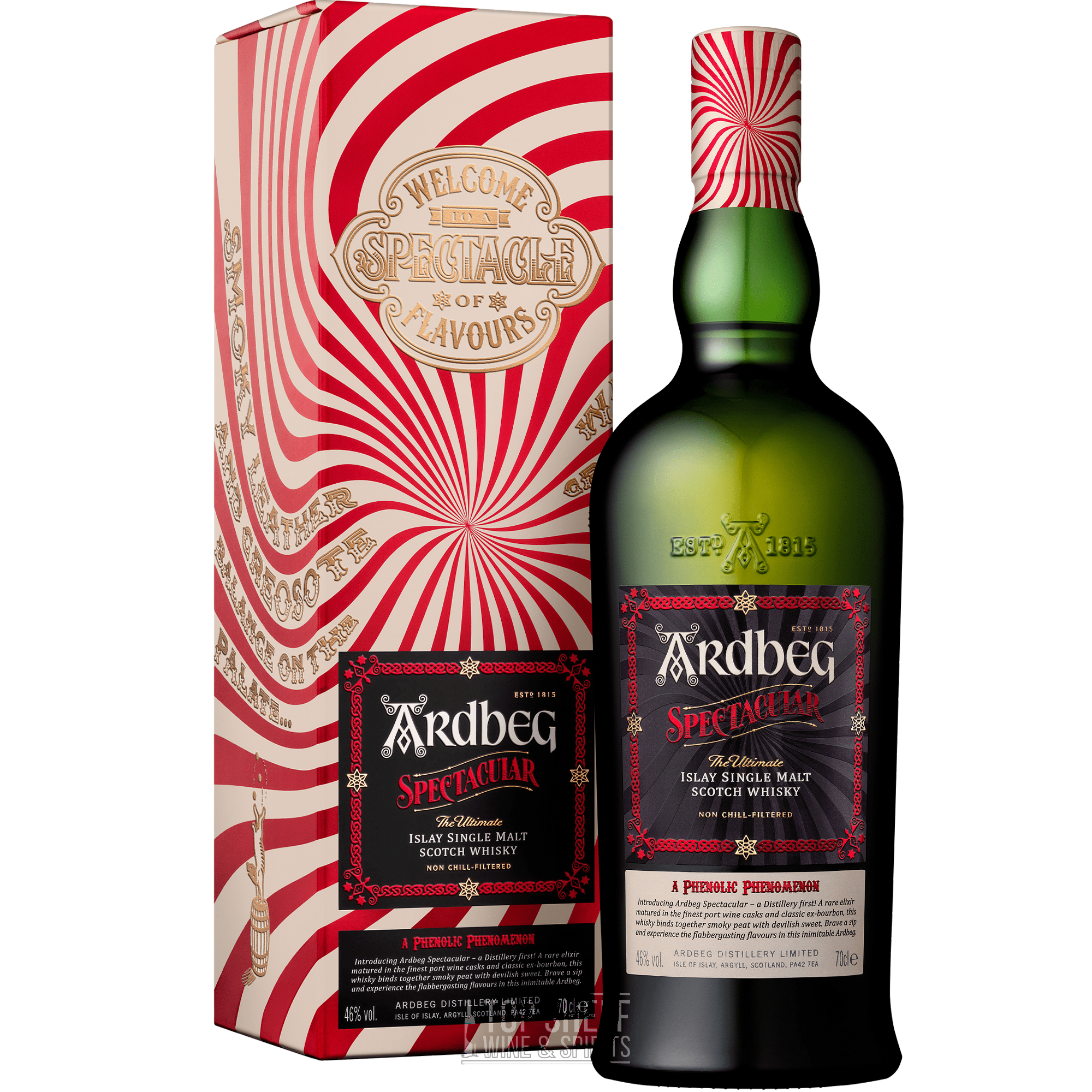 Ardbeg Spectacular Islay Single Malt Scotch bottle with vibrant packaging showcasing unique flavors and rare port cask maturation.