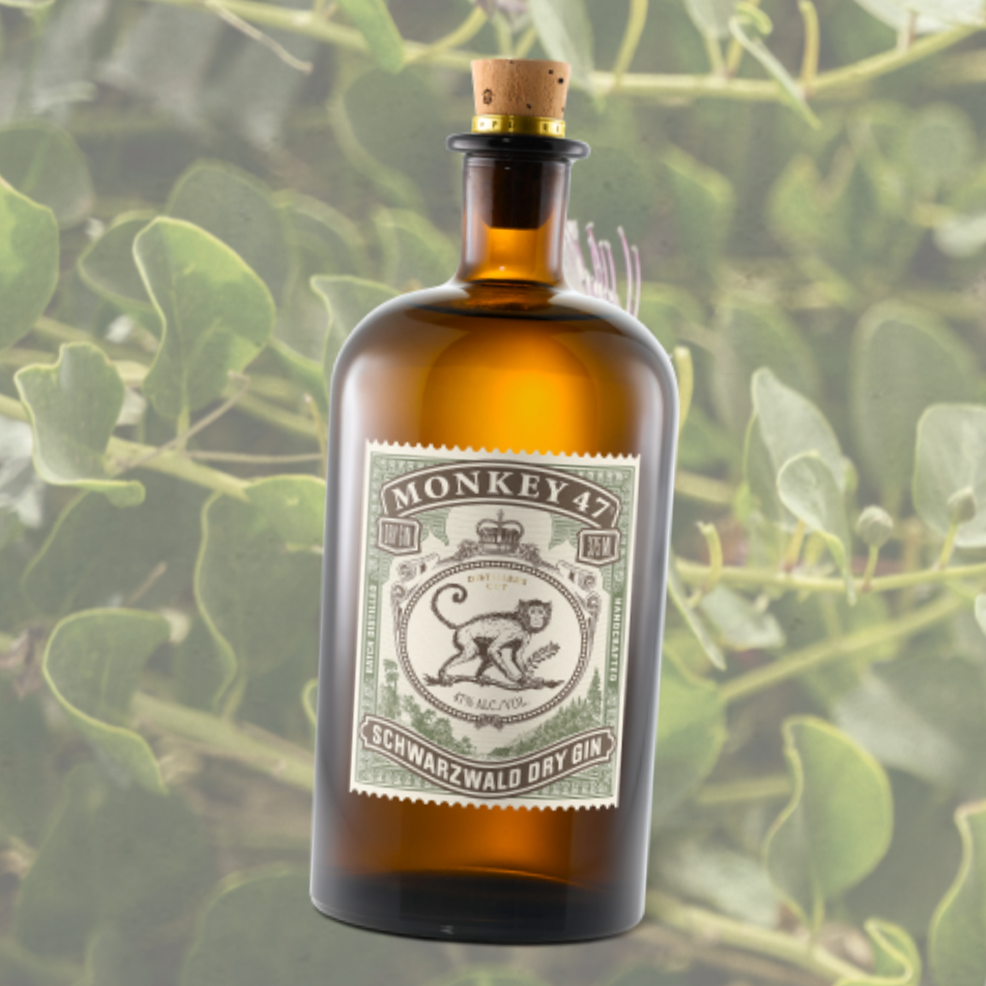 Monkey 47 Distiller's Cut 2024 Edition gin bottle surrounded by botanical elements.
