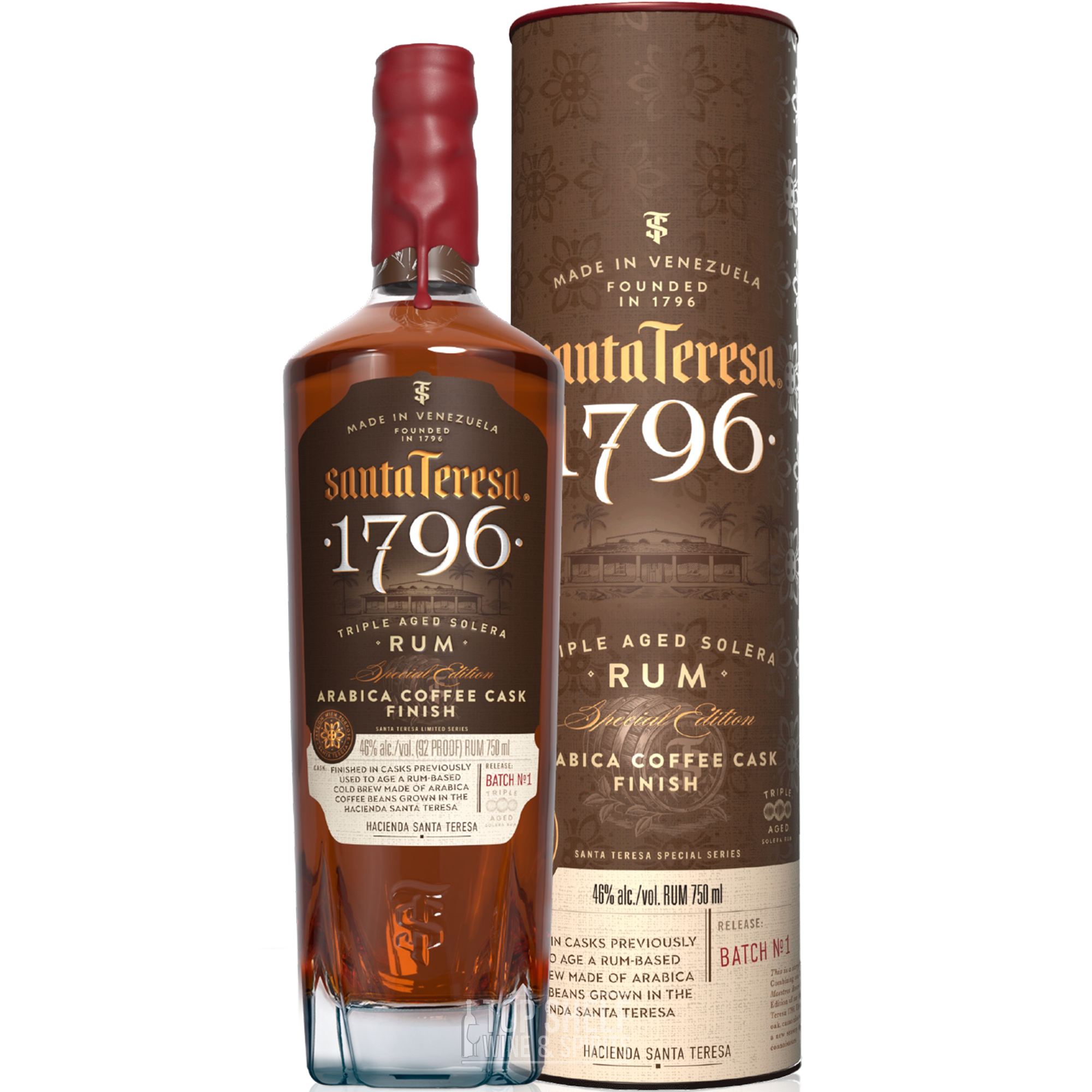 Santa Teresa 1796 Arabica Coffee Cask Finish Rum bottle and packaging, showcasing premium Venezuelan solera rum.