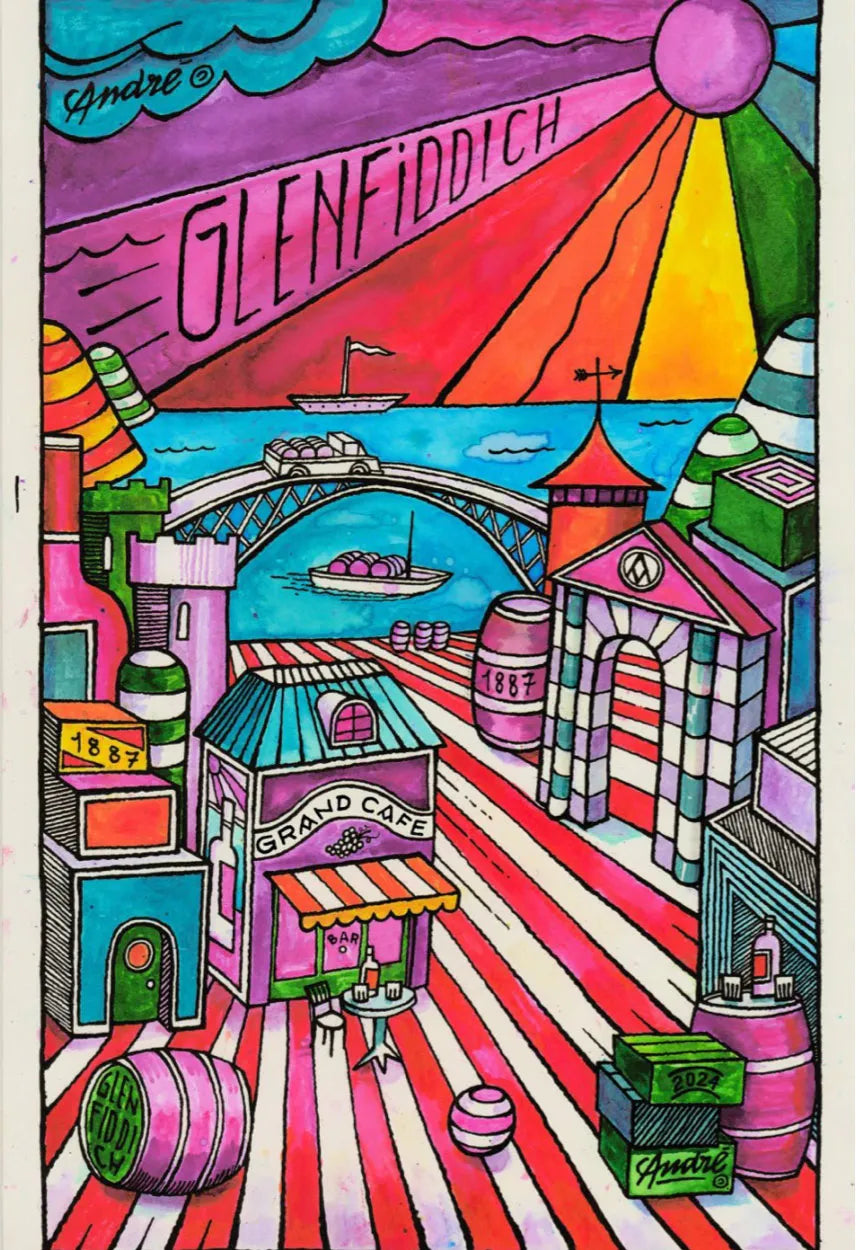 Colorful illustration of Glenfiddich featuring a bridge, buildings, casks, and a sunset over a waterscape.