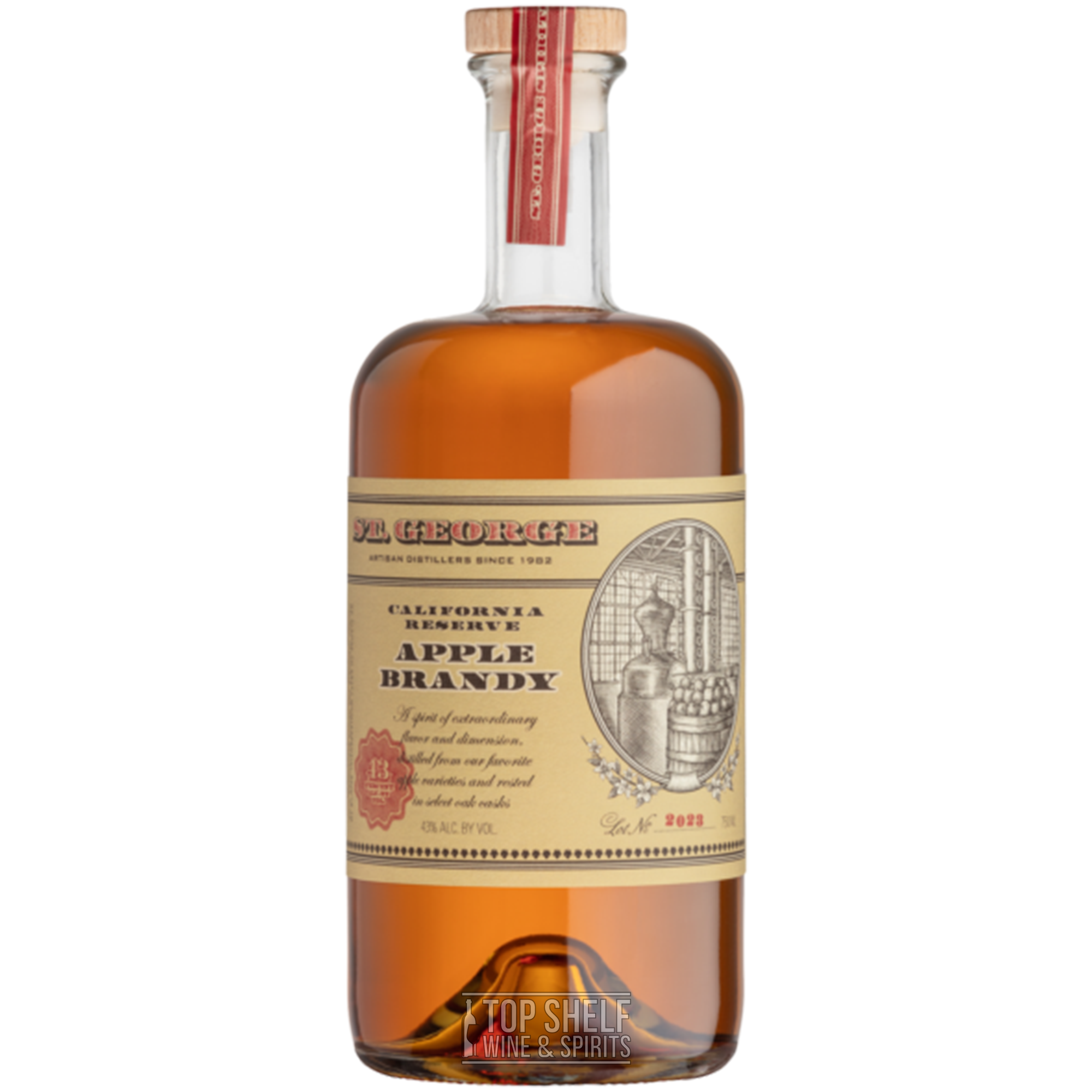 St. George Reserve Apple Brandy bottle showcasing rich amber color, crafted from fresh California apples, 96 proof.