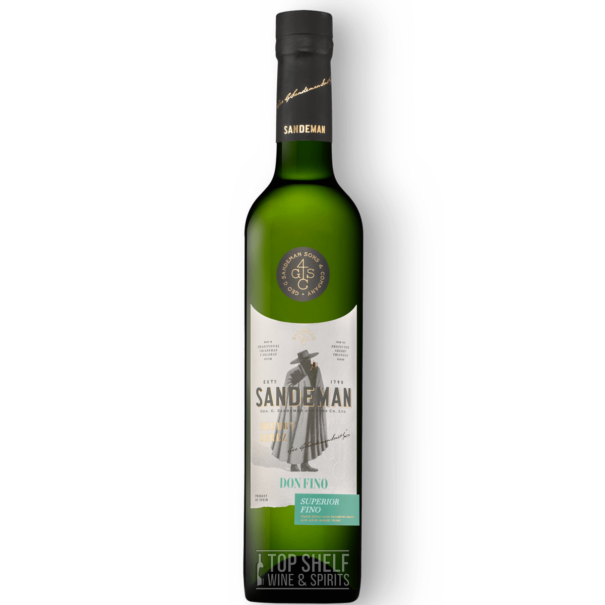 Bottle of Sandeman Don Fino Superior Fino Sherry with elegant green glass and distinct label design.
