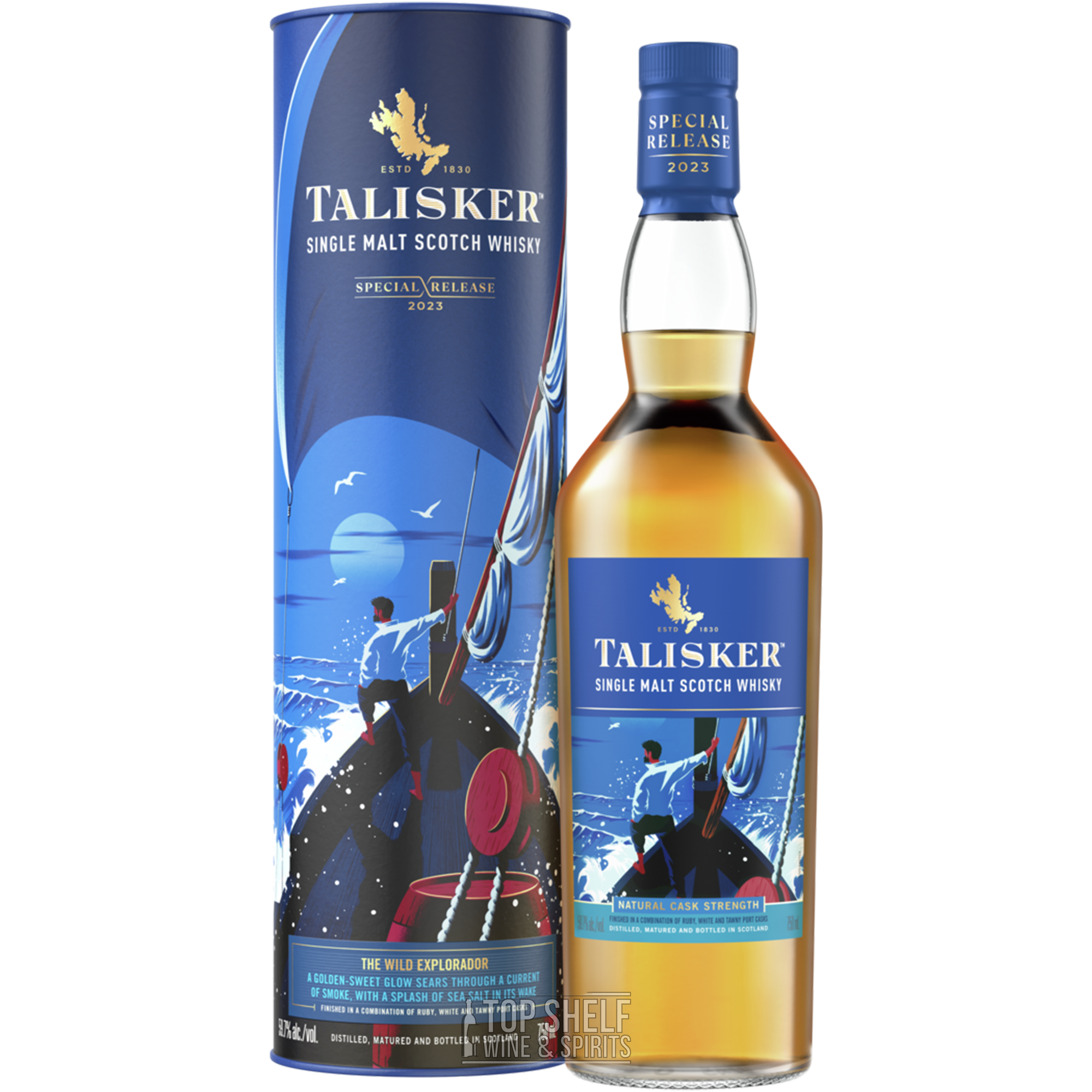 Talisker Cask Strength 2023 Special Release Scotch whisky bottle and packaging showcasing maritime exploration themes.
