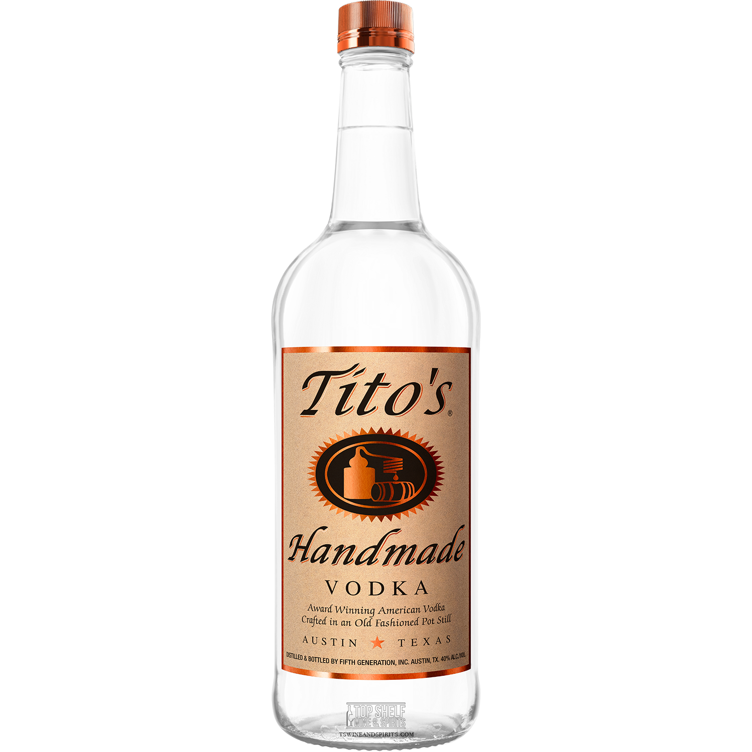 Tito's Handmade Vodka bottle, crafted in Austin, Texas, known for quality and charitable contributions.