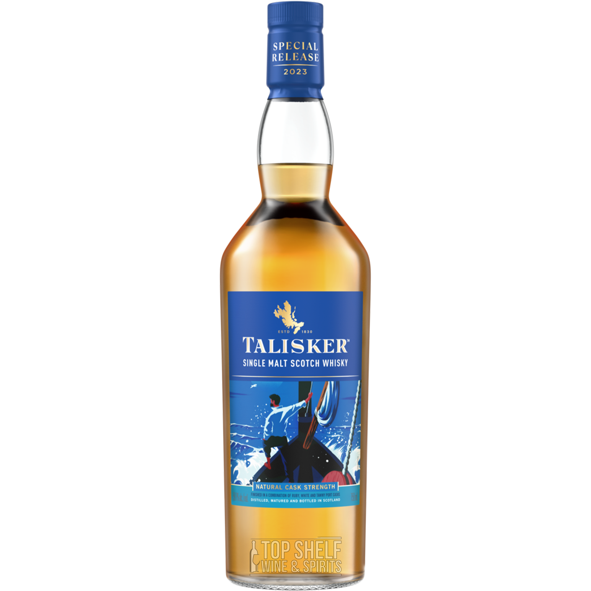 Talisker Cask Strength 2023 Special Release Scotch Whisky bottle with vibrant label design.