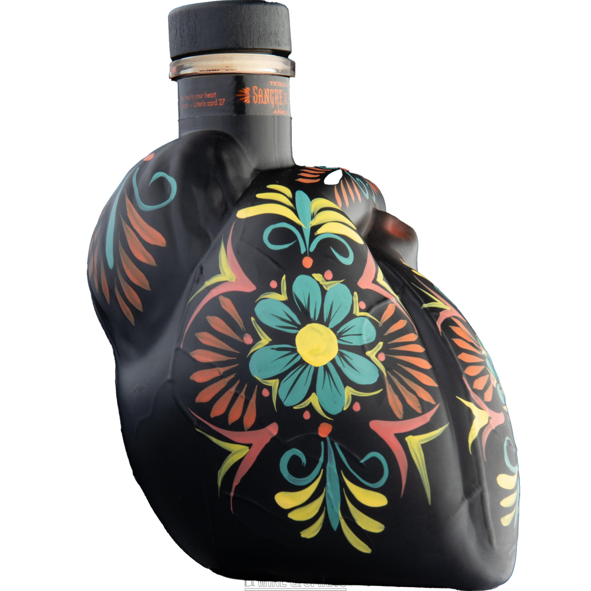 Sangre De Vida Añejo Tequila bottle featuring vibrant floral design and unique heart shape.