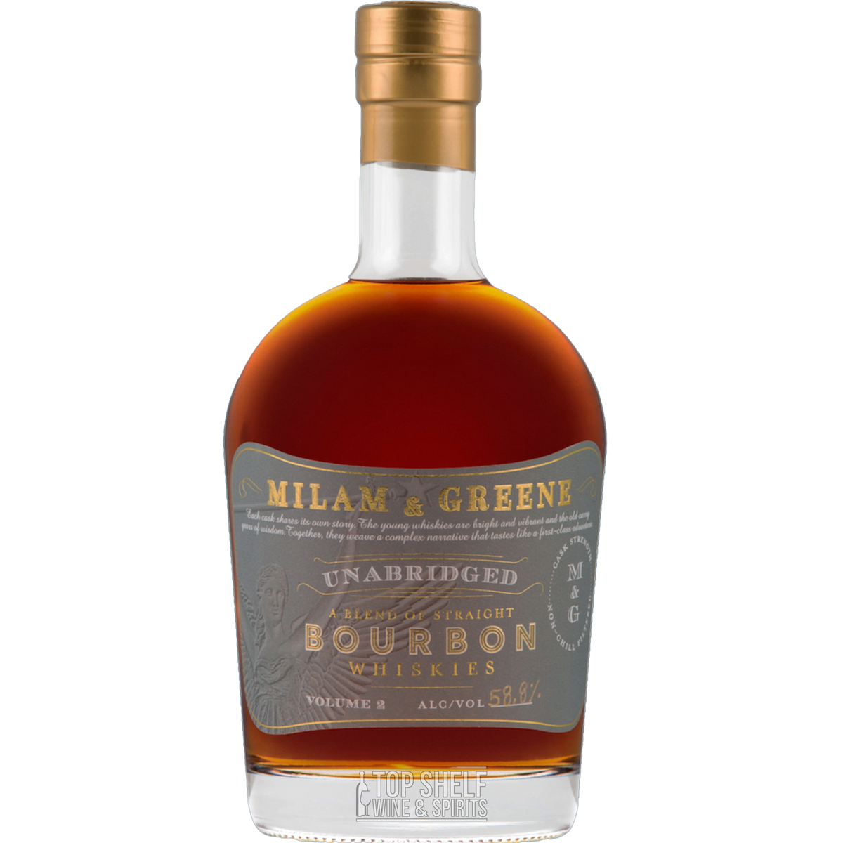 Milam and Greene Unabridged Bourbon Vol 2 bottle showcasing rich amber color and elegant label design.
