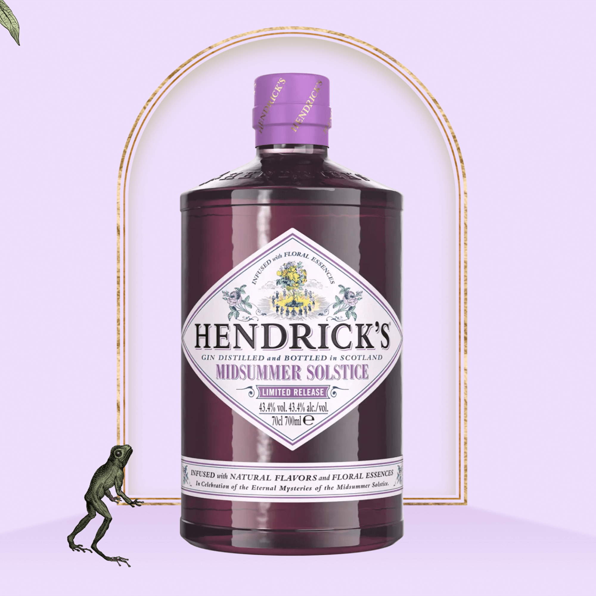 Hendrick's Midsummer Solstice gin bottle on purple background, highlighting floral and natural essence flavors.