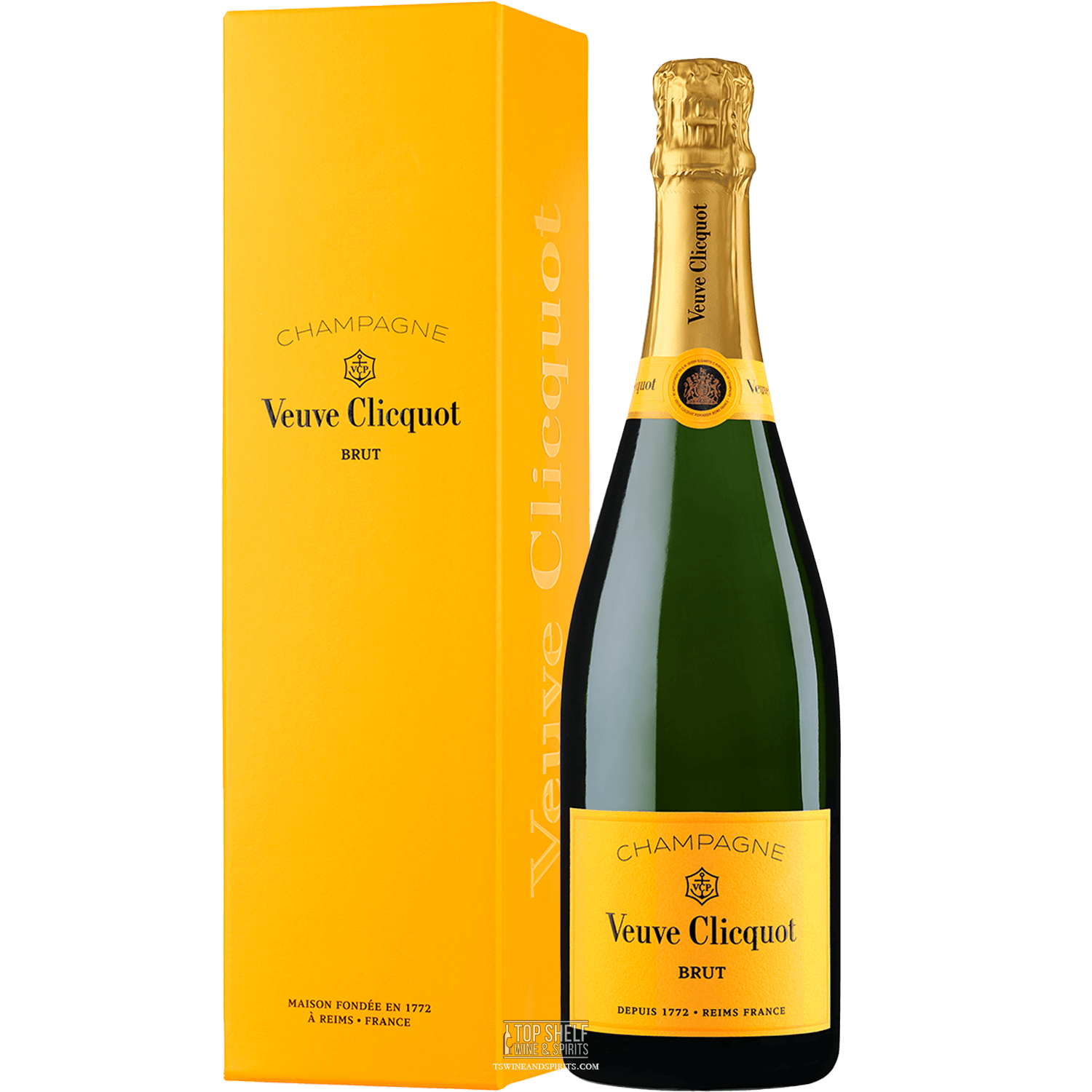 Veuve Clicquot Brut Champagne with signature yellow label and elegant packaging, perfect for celebrations.
