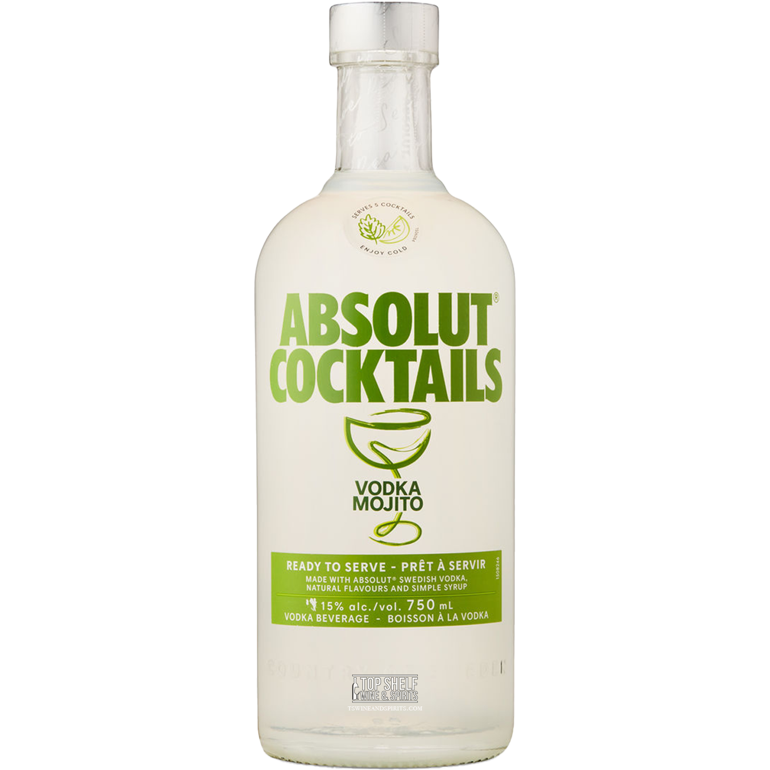 Absolut Cocktails Vodka Mojito bottle, ready-to-serve drink with mint and lime flavors, 15% ABV.