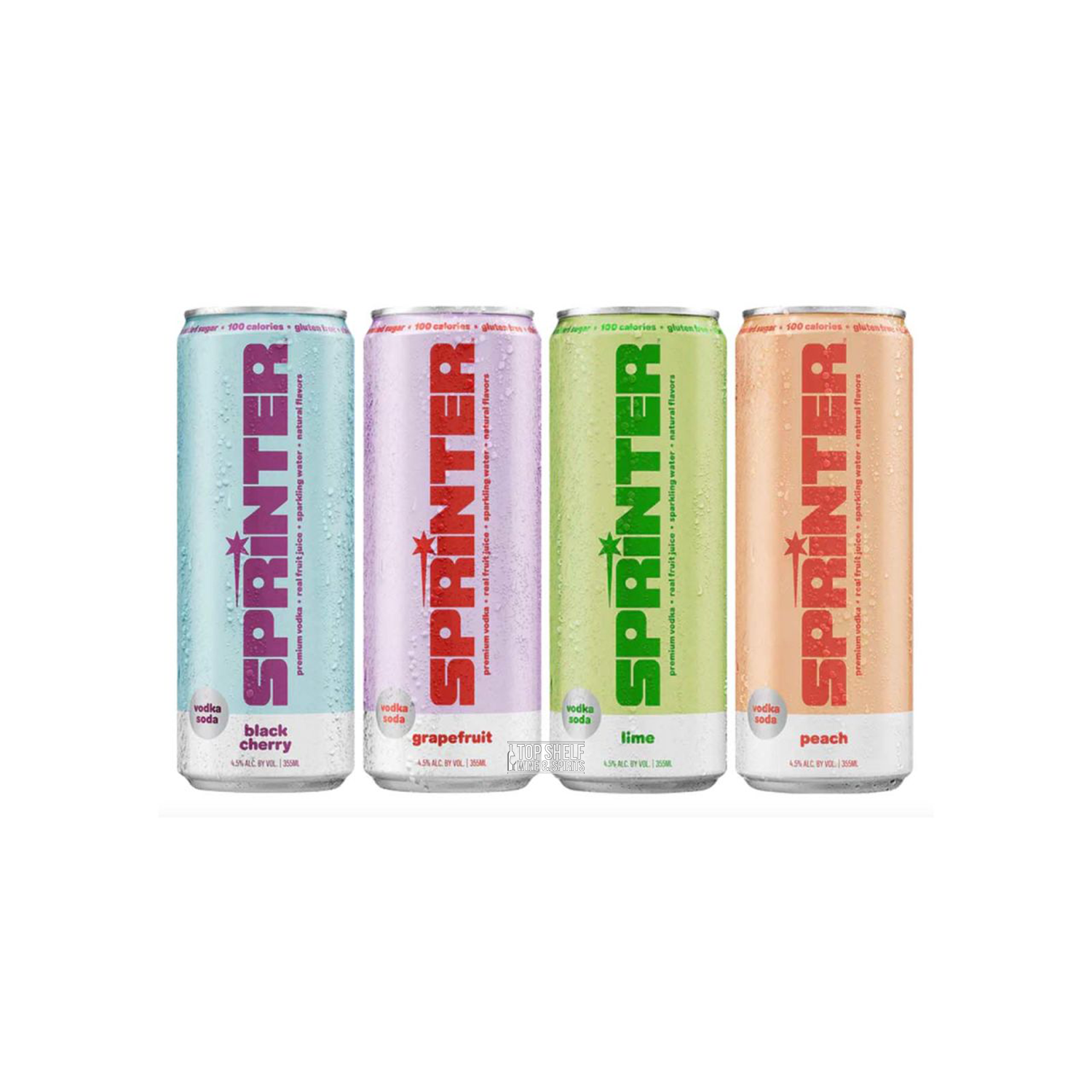 Sprinter Vodka Soda Variety Pack featuring Black Cherry, Grapefruit, Lime, and Peach flavors in 12 oz cans.