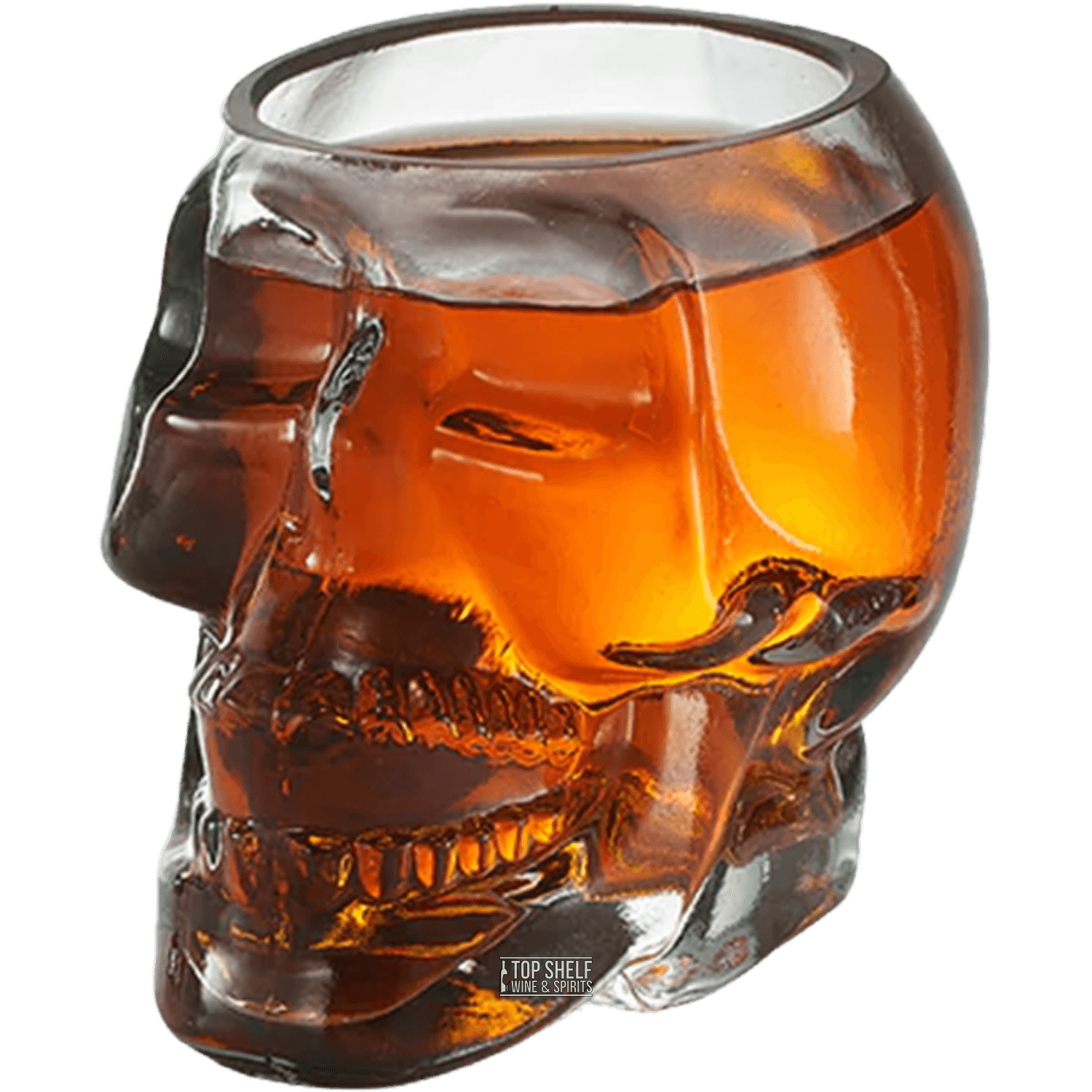 Crystal Head Skull Shot Glass holding whiskey, inspired by Mayan legend with bold design and 2-ounce capacity.