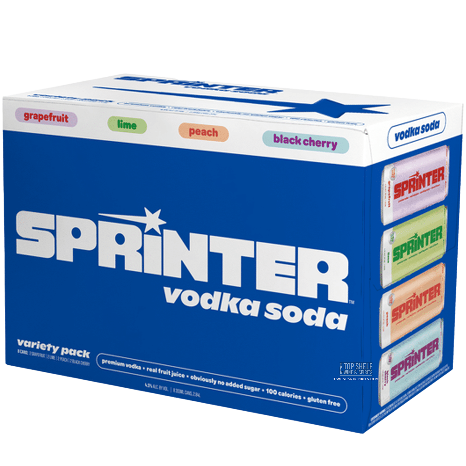 Sprinter Vodka Soda variety pack featuring grapefruit, lime, peach, and black cherry flavors in a colorful box.