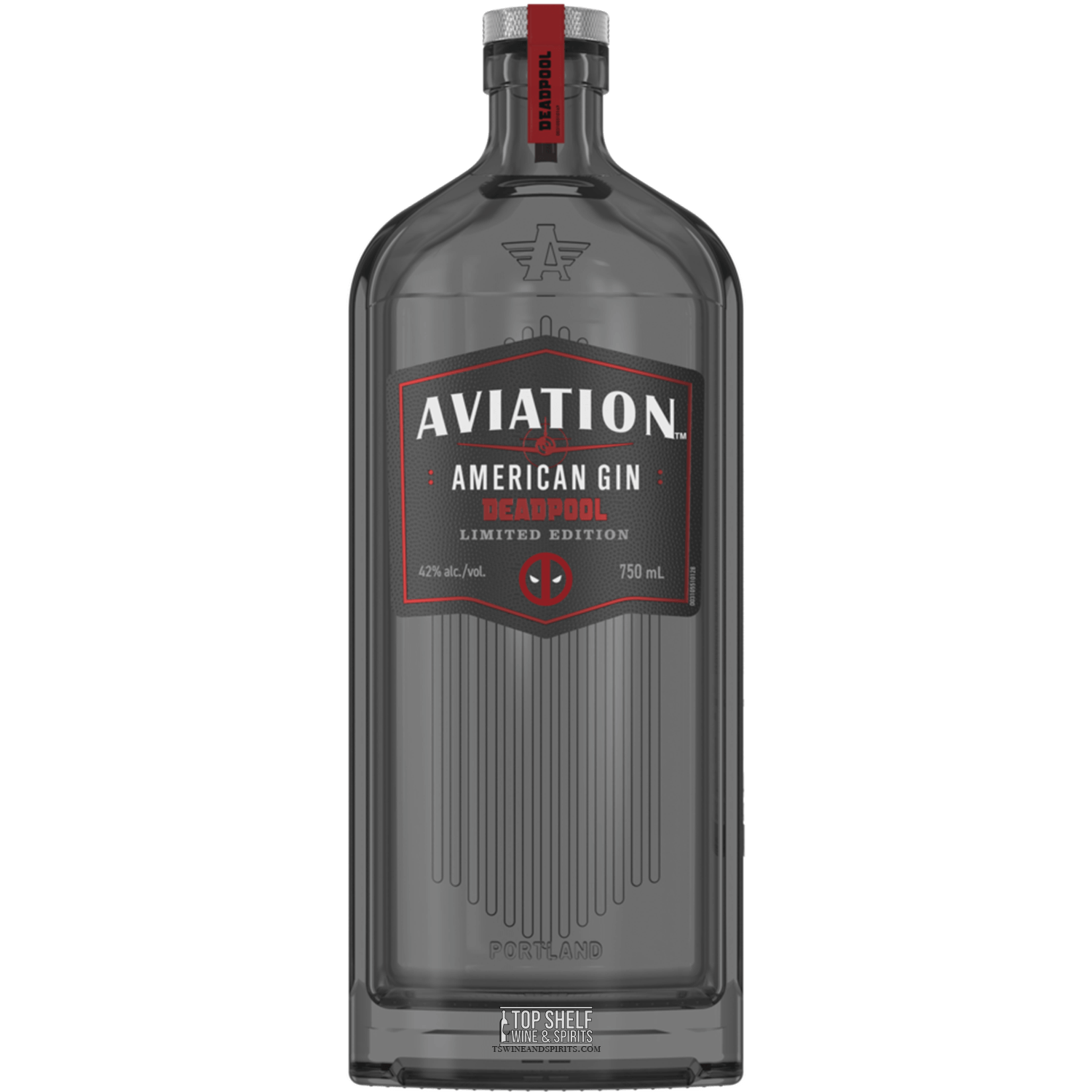 Aviation Deadpool Gin Limited Edition bottle, 750 ml, 42% ABV, craft gin from Portland, Oregon.
