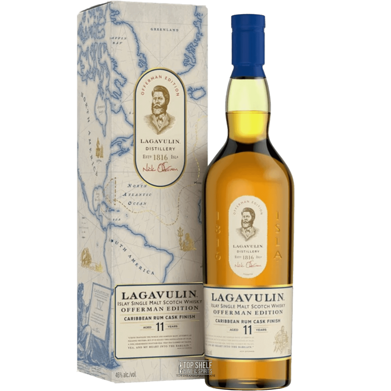 Lagavulin Offerman Edition 11 Year Scotch whisky bottle with Caribbean rum cask finish and decorative packaging.