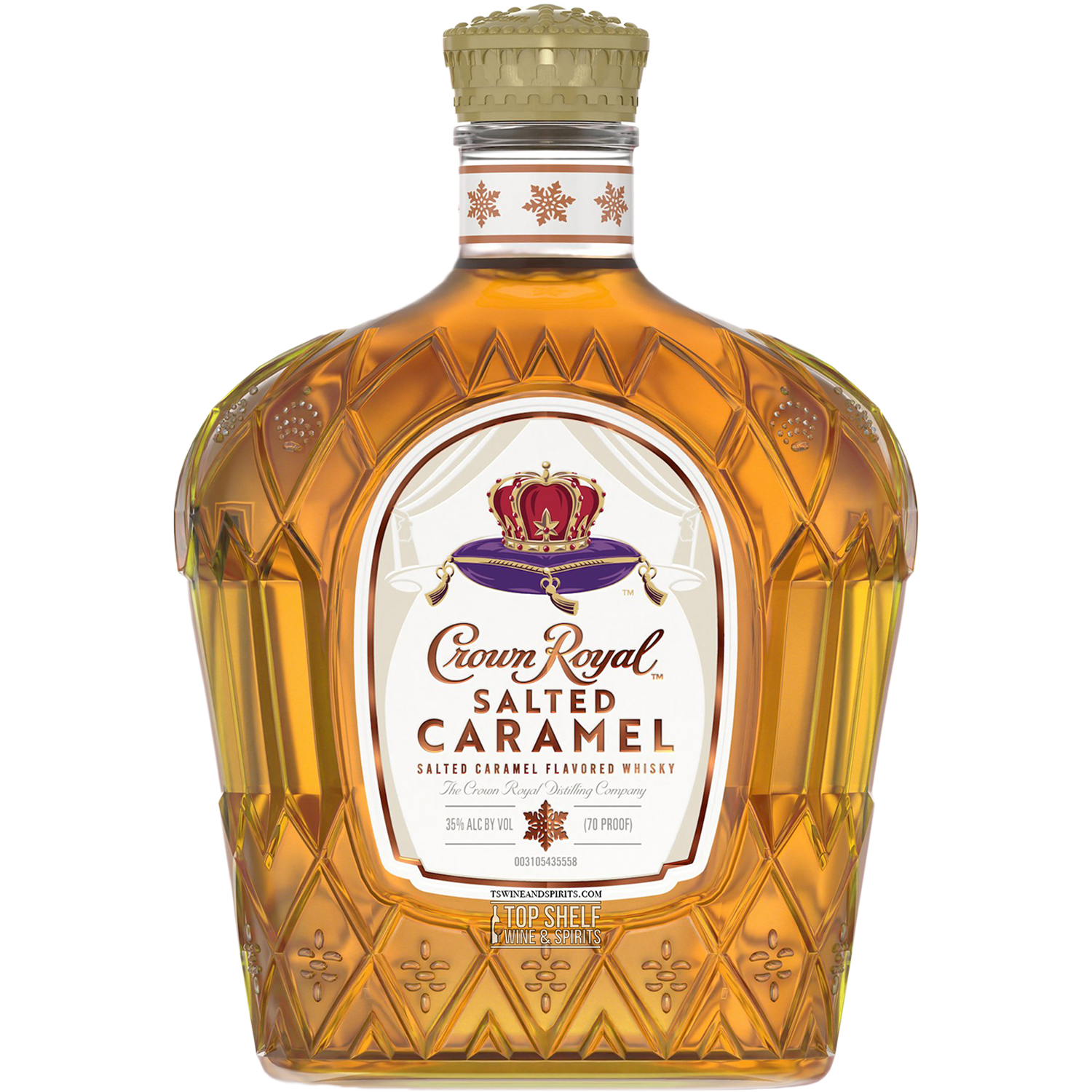Crown Royal Salted Caramel Flavored Whisky bottle showcasing rich flavors of salted caramel, 35% ABV.