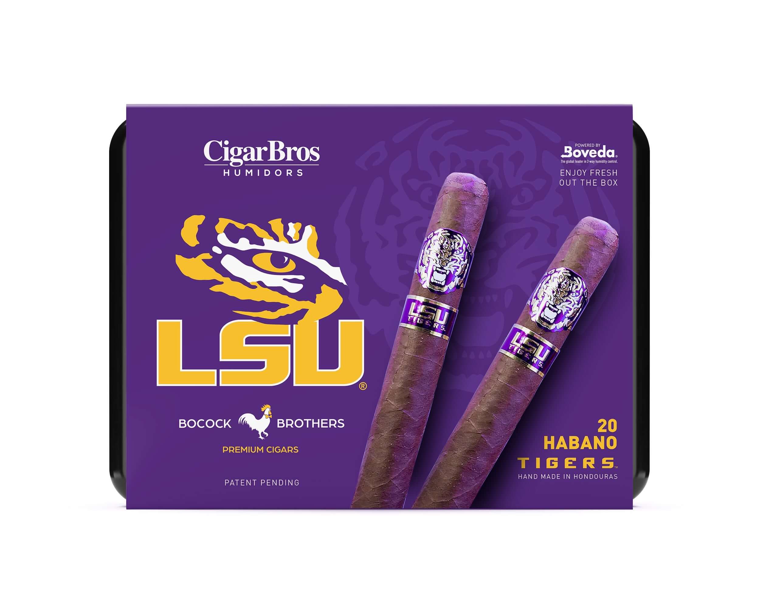 LSU Habano Toro cigars by Bocock Brothers, showcasing bold flavors and premium craftsmanship in a vibrant packaging.