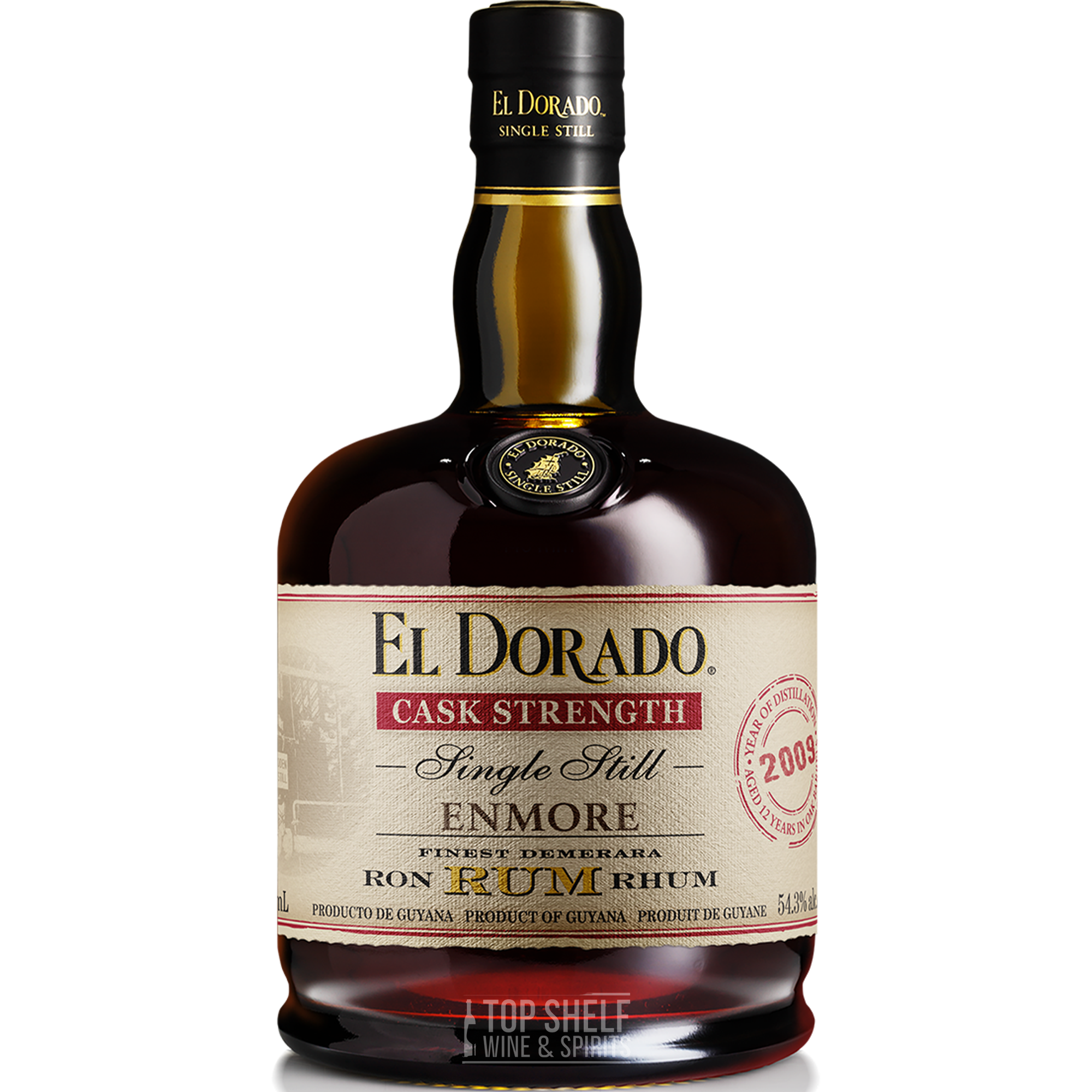 El Dorado Enmore Cask Strength Single Still Rum bottle showcasing its rich amber color and elegant label design.