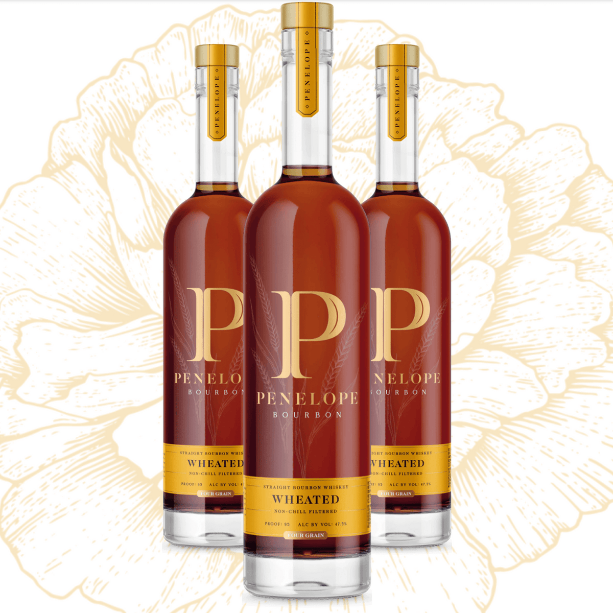 Three bottles of Penelope Wheated Bourbon showcasing its bold flavor and smooth profile, perfect for bourbon lovers.
