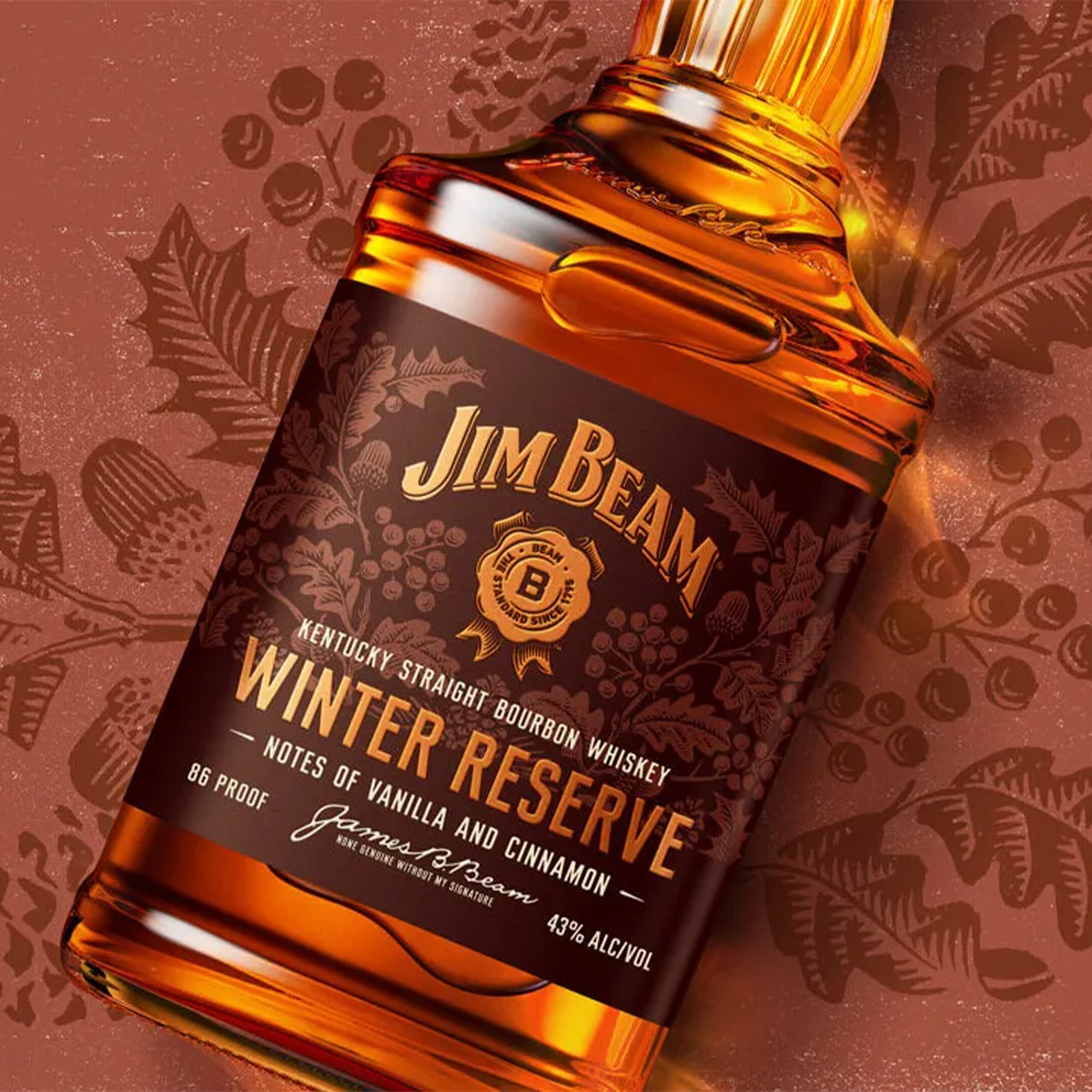 Jim Beam Winter Reserve bourbon bottle showcasing notes of vanilla and cinnamon, 86 proof, perfect for winter sipping.