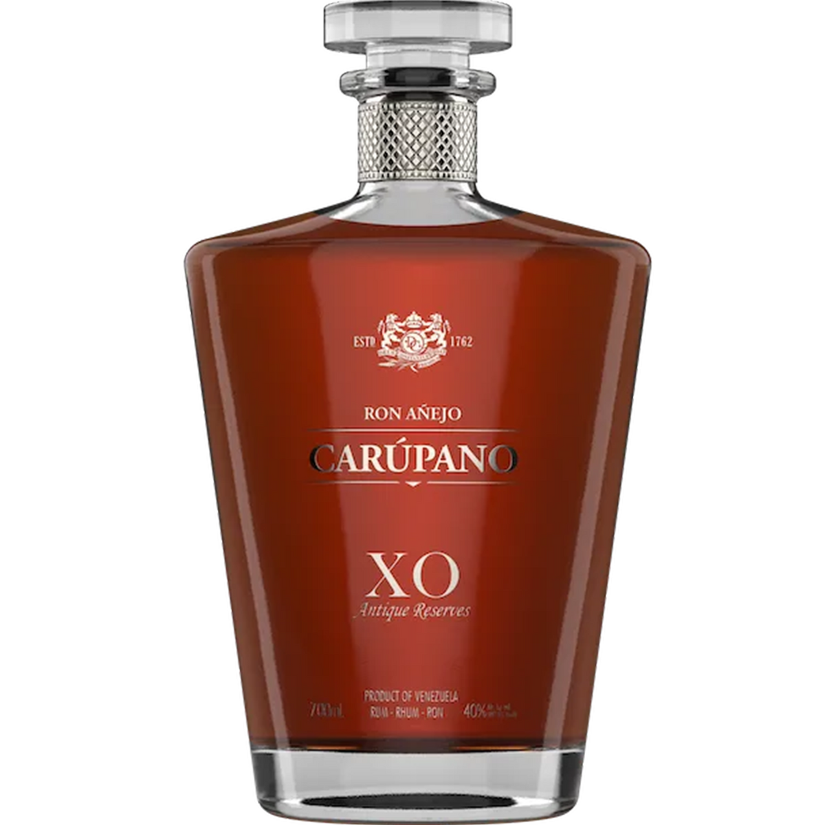 Ron Carupano Anejo X.O. Antique Reserve Rum bottle, aged rum, 40% ABV, luxury crystal decanter.