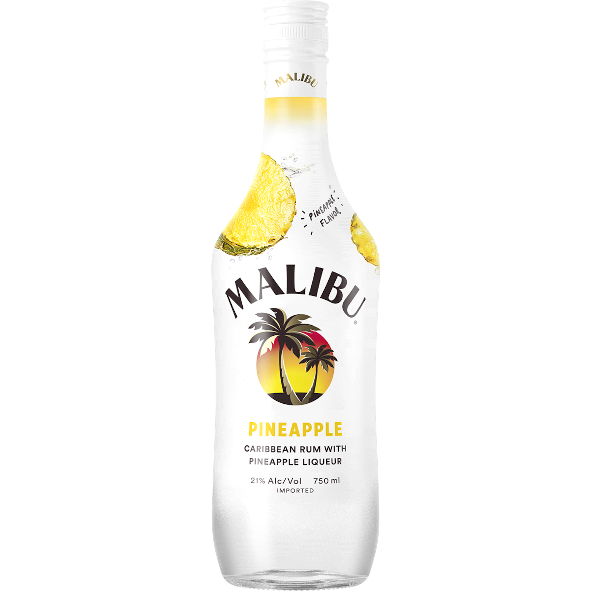 Malibu Rum Pineapple bottle, a Caribbean rum with pineapple liqueur, 21% ABV, perfect for piña coladas.