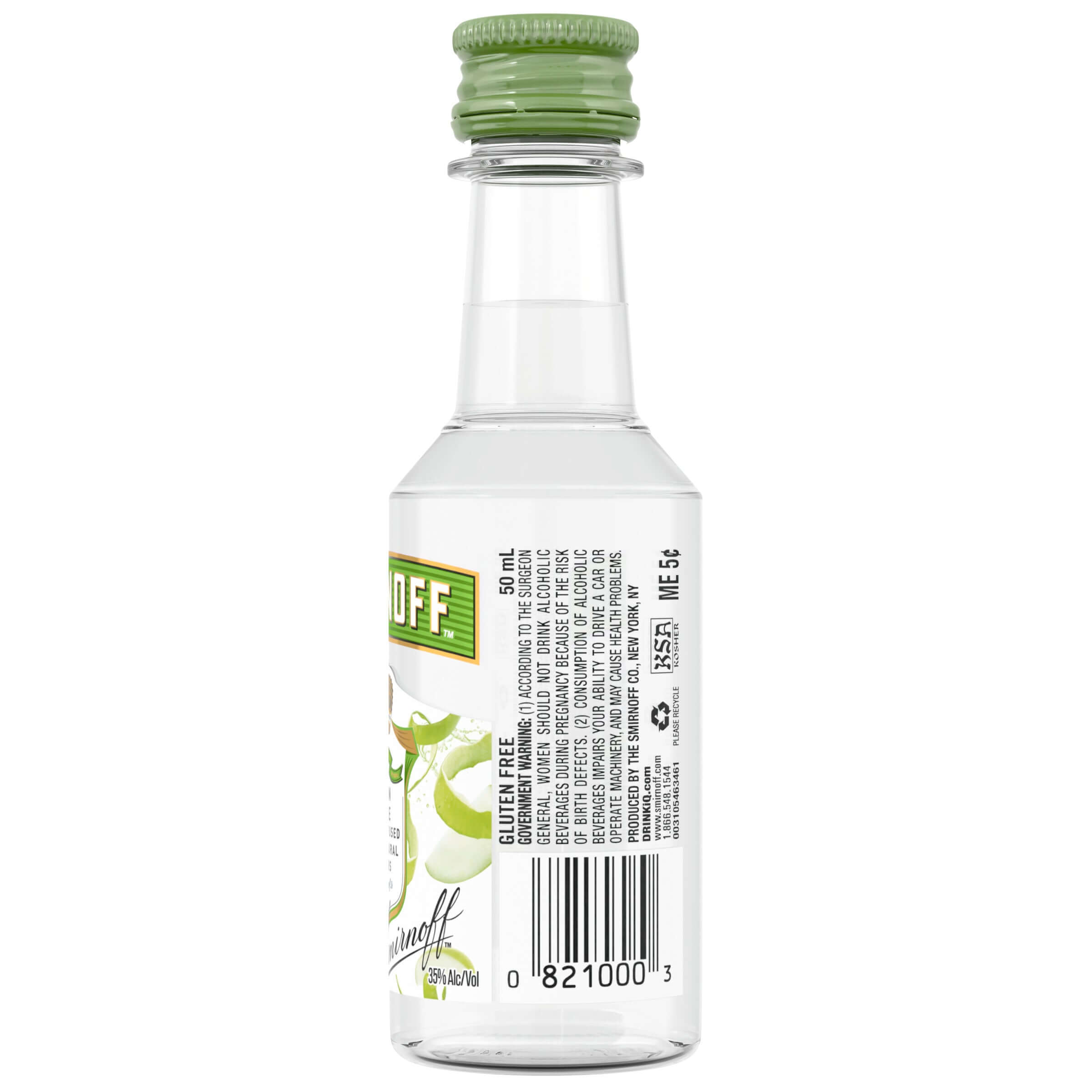 Smirnoff Green Apple Vodka 50ml bottle showcasing gluten-free ingredients and ABV 35%.