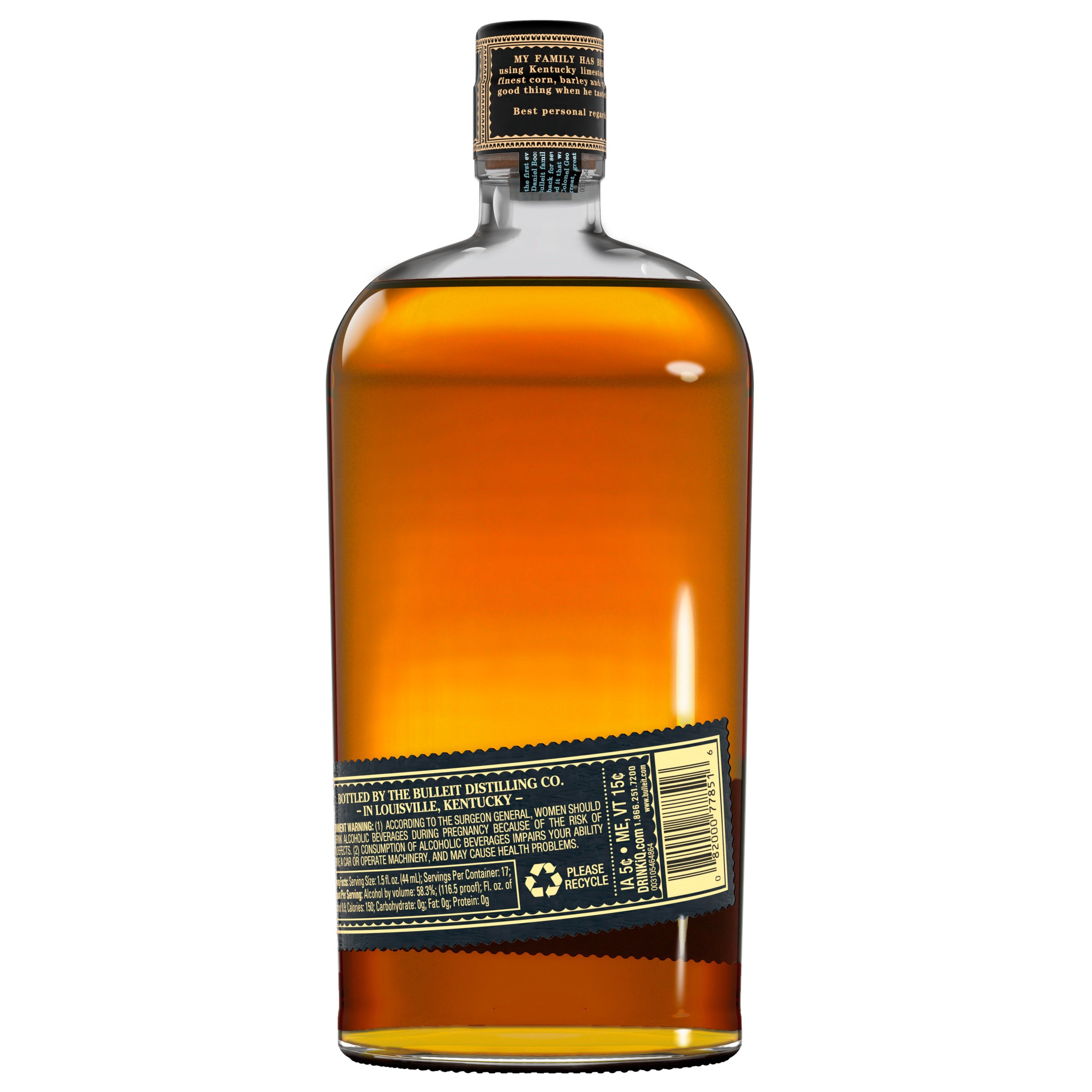 Bulleit Barrel Strength Bourbon bottle showcasing rich amber whiskey color and detailed label, crafted in Kentucky.