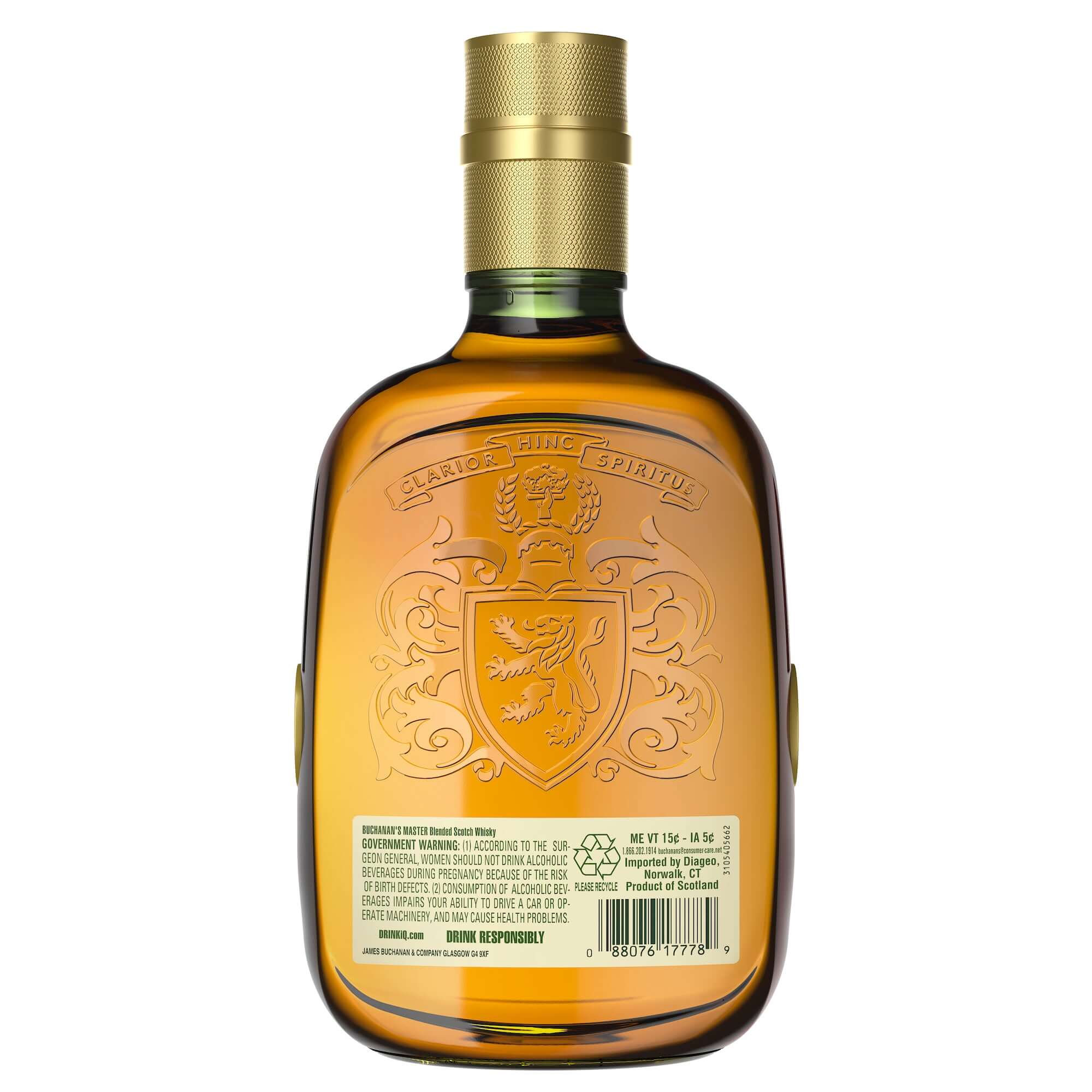 Buchanan's Master Blend whisky bottle showcasing its ornate design and premium quality.