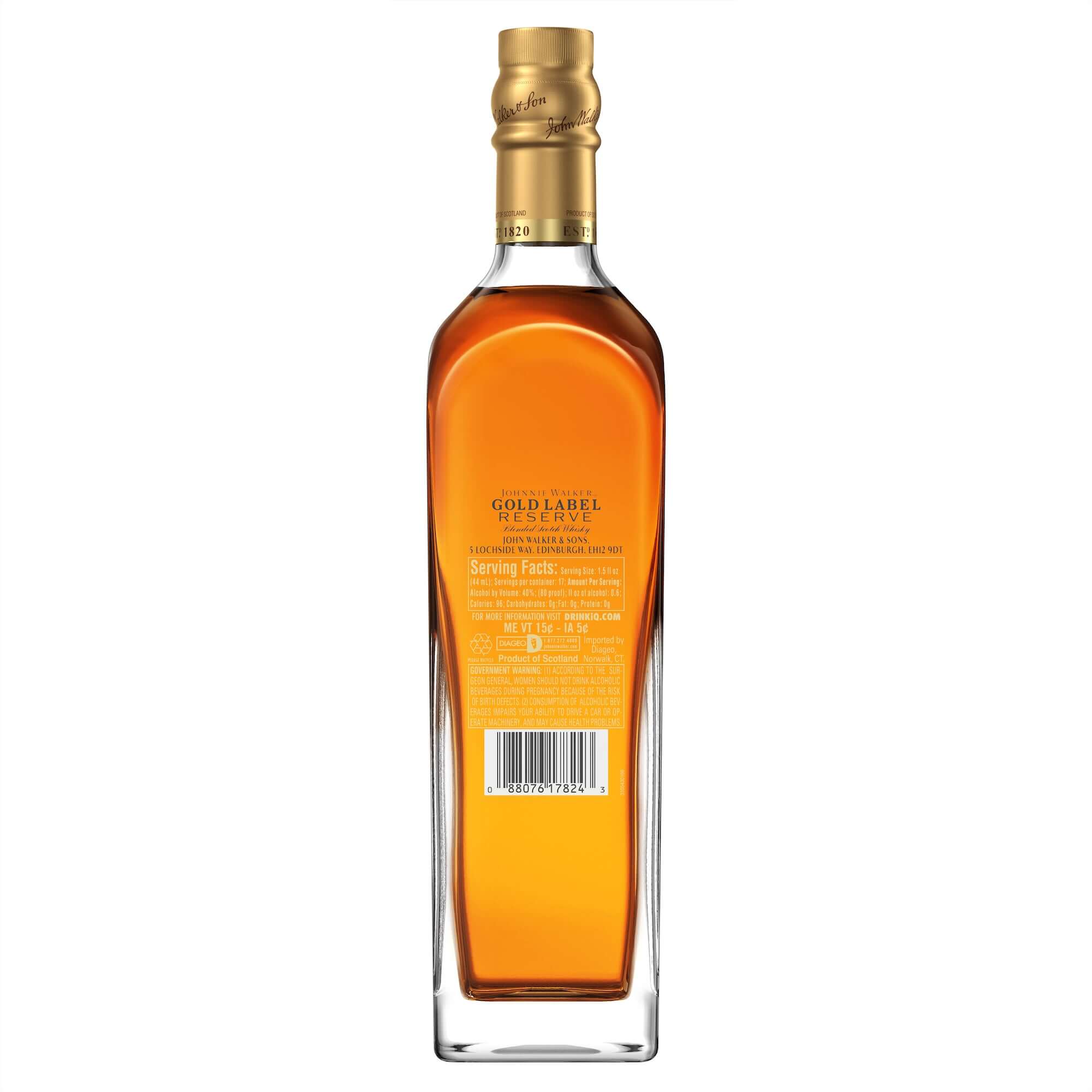 Back view of Johnnie Walker Gold Label Reserve bottle showcasing its rich amber color and detailed label.