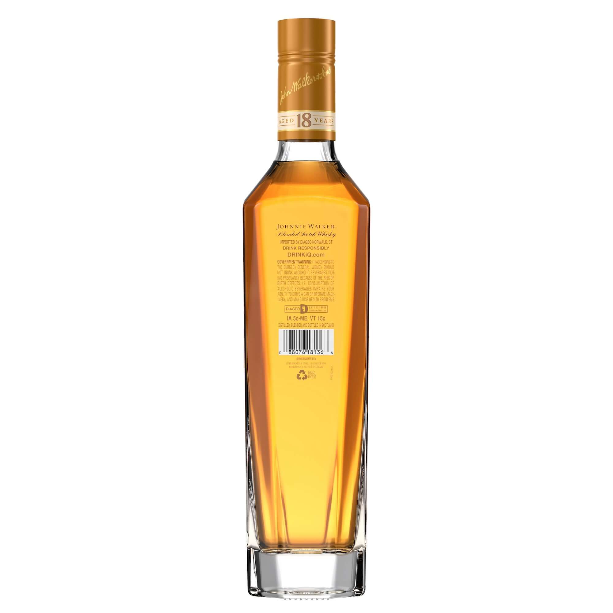 Johnnie Walker 18 Year Scotch bottle showcasing rich amber color and elegant design, ideal for special occasions.