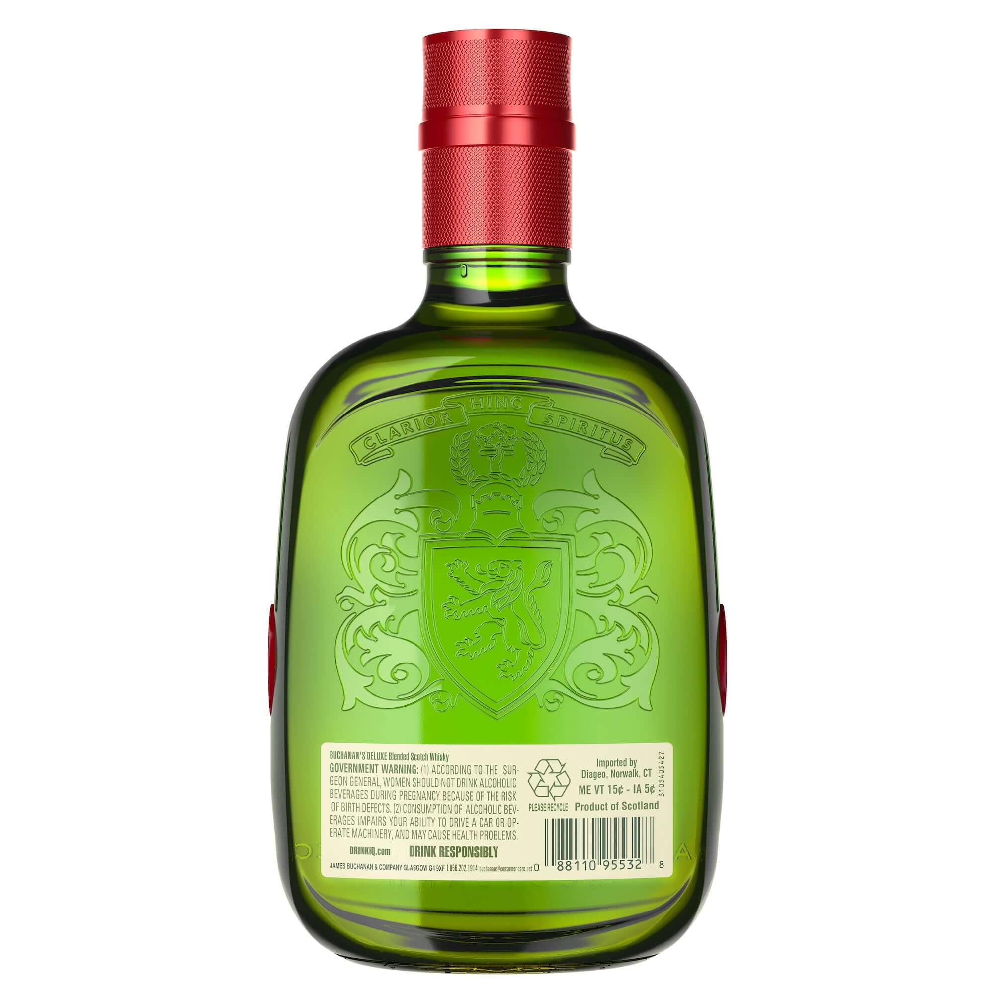 Buchanan's Deluxe 12 Year Scotch whisky bottle with distinctive green glass and red cap, showcasing iconic luxury branding.