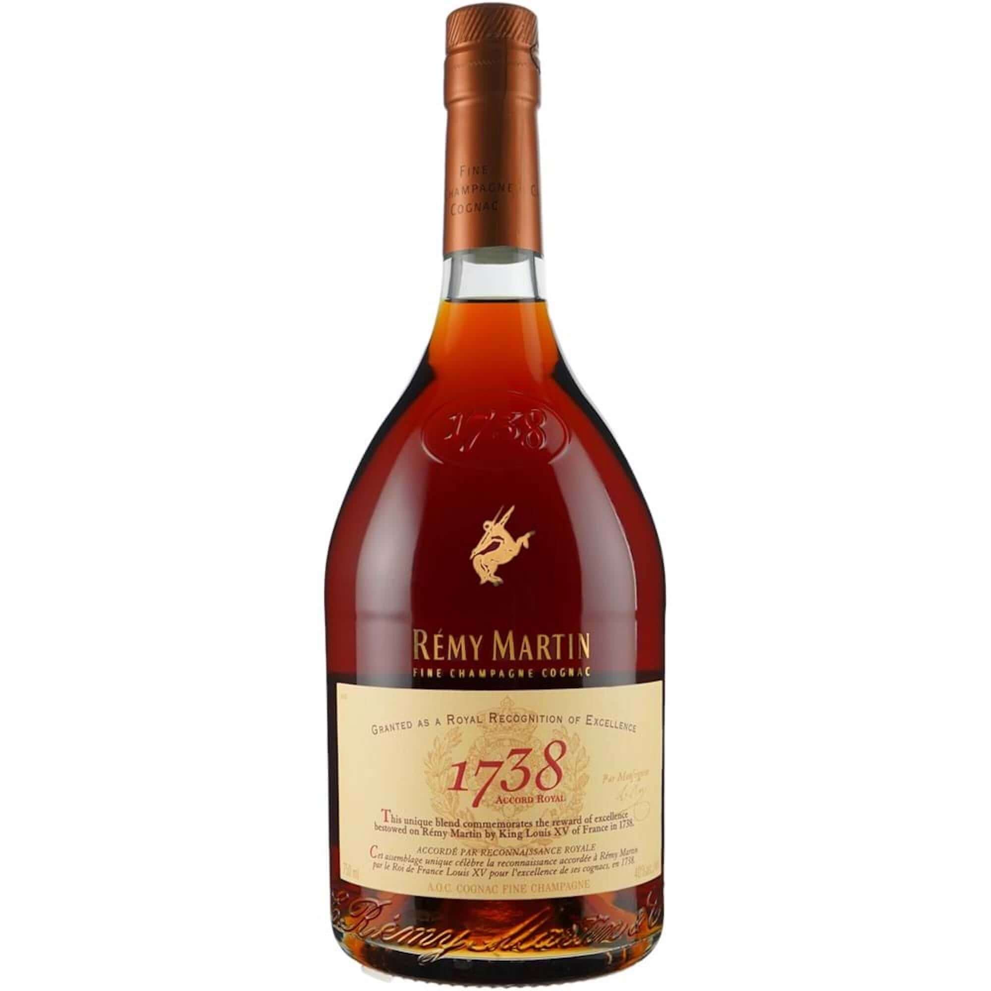Rémy Martin 1738 Royal Accord Cognac bottle, showcasing rich amber color and elegant label craftsmanship.
