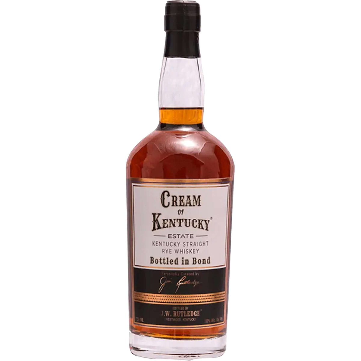 Bottle of Cream of Kentucky Straight Rye Whiskey, showcasing its unique design and rich amber color.