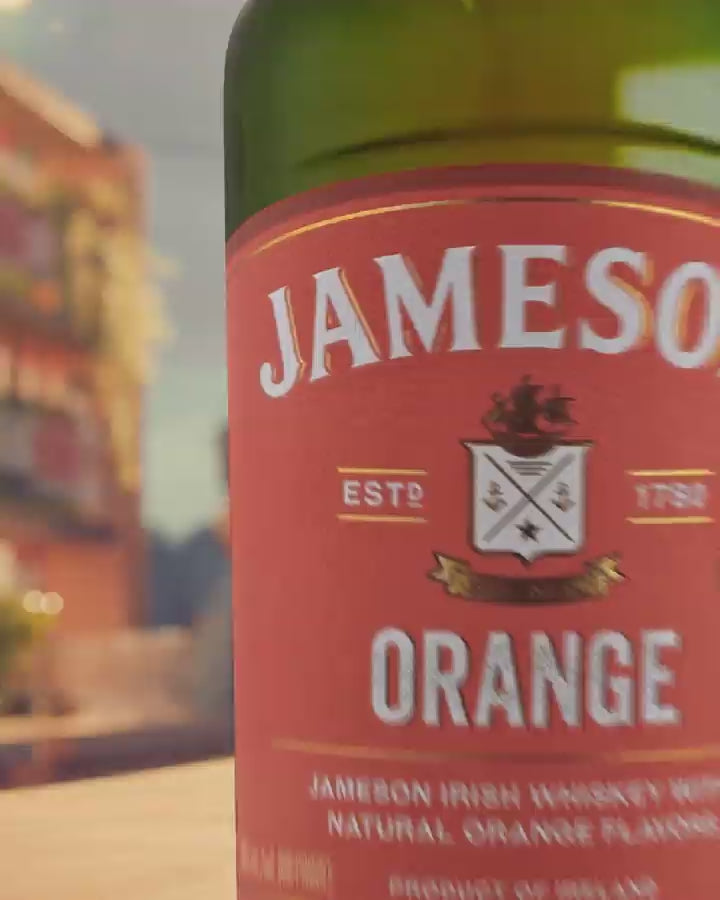 Jameson Orange Irish Whiskey bottle showcasing smooth whiskey with zesty orange flavor in a stylish setting.