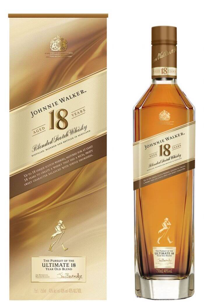 Johnnie Walker 18 Year Scotch whisky with elegant packaging and rich golden color, perfect for celebrations.