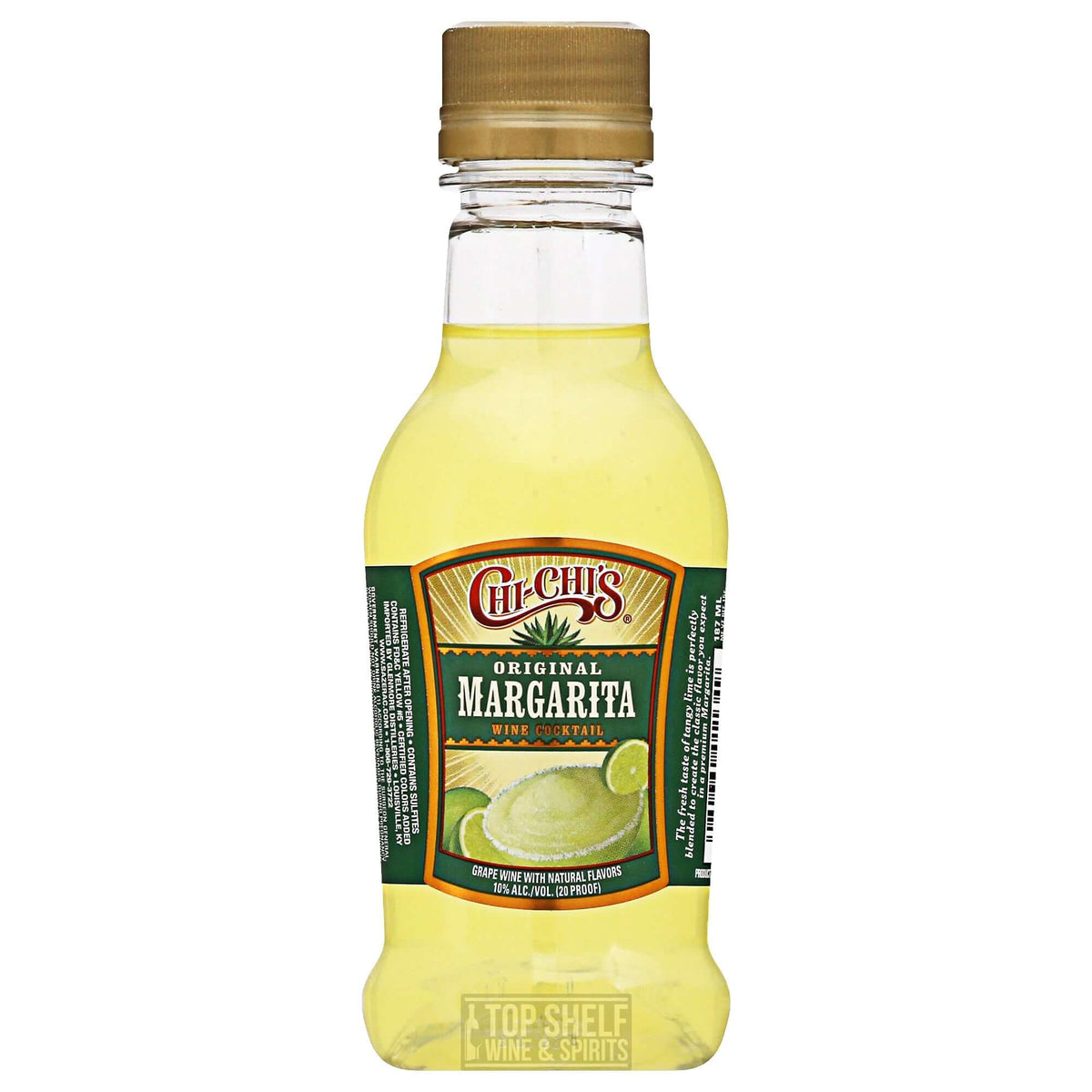 Chi Chi's Original Margarita cocktail in a 187ml bottle, featuring lime flavor and vibrant packaging.