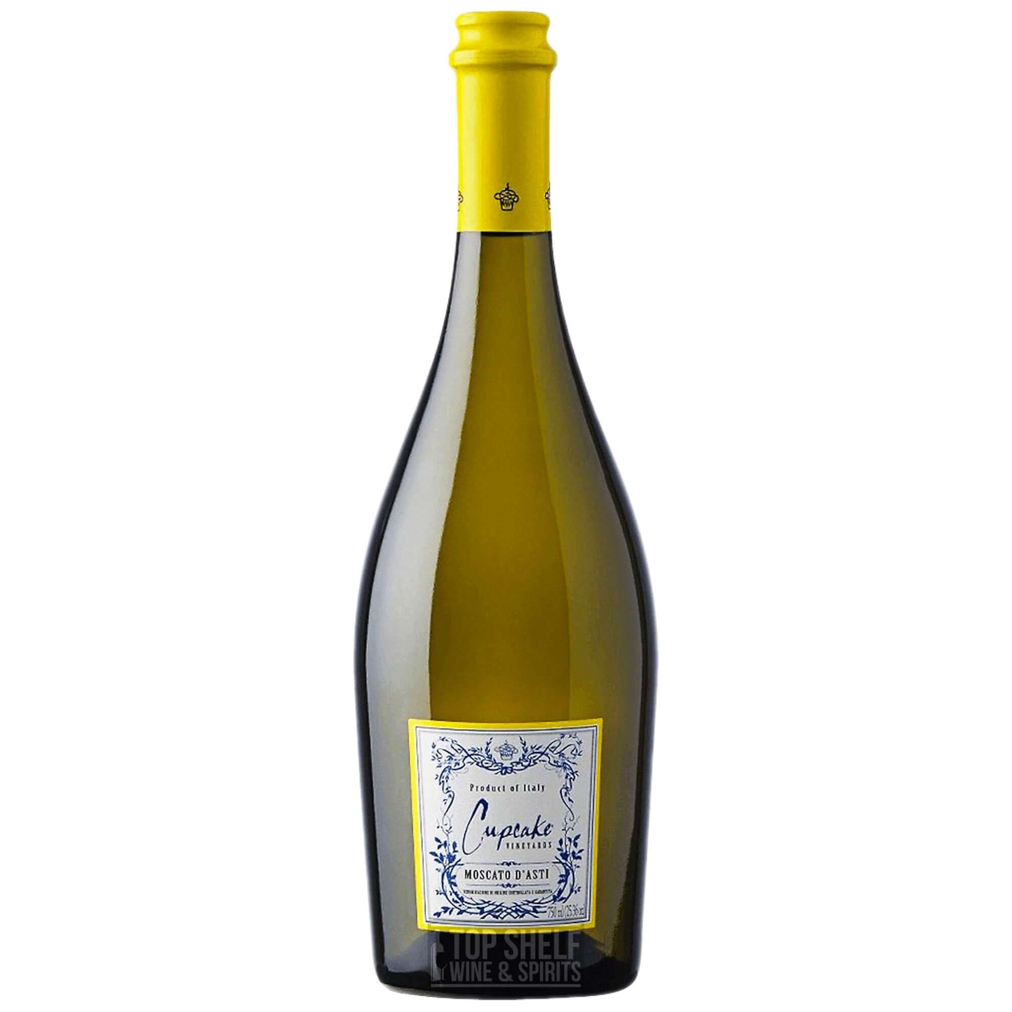 Cupcake Vineyards Moscato D'Asti wine bottle with yellow foil cap, showcasing vibrant flavors of nectarine and peach.