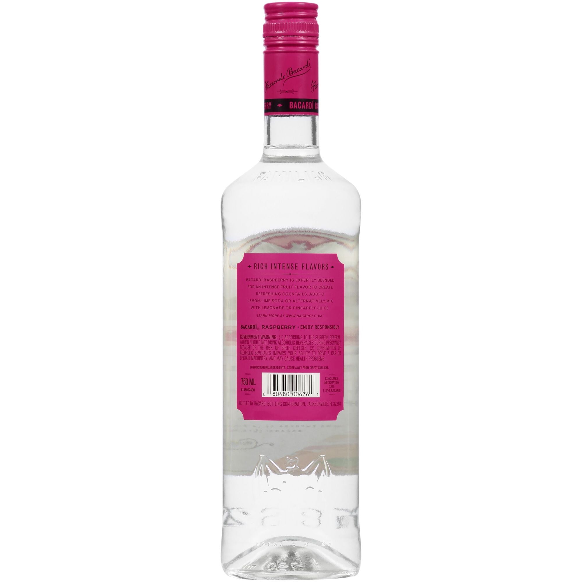 Bacardí Raspberry Rum bottle showcasing vibrant raspberry flavor and sustainability commitment, 35% ABV.