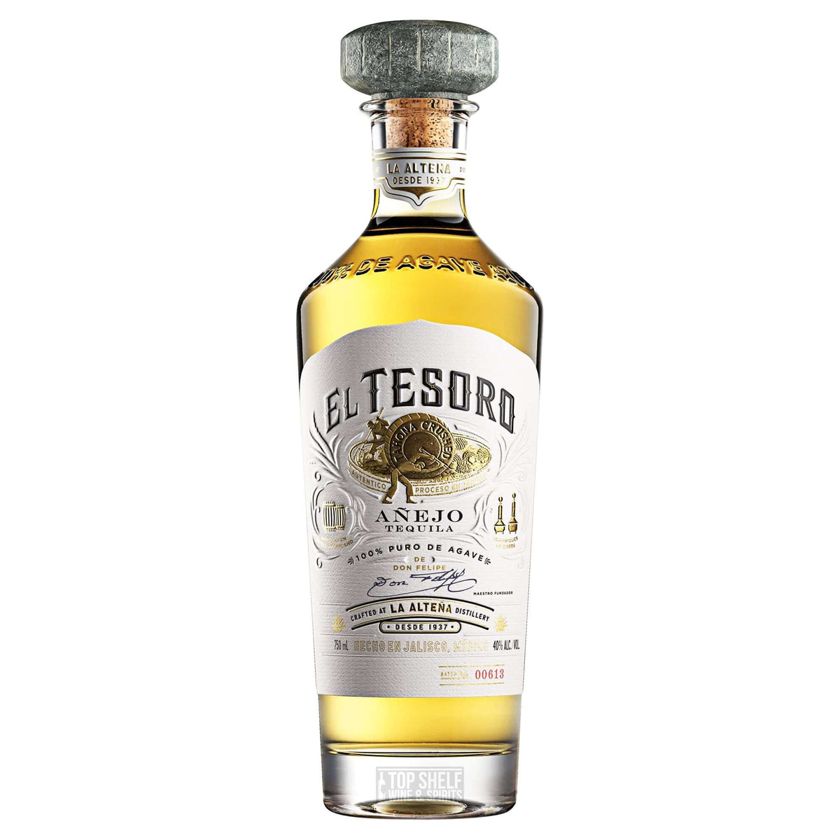 El Tesoro Añejo Tequila bottle, aged in oak, showcasing its gold color and elegant design.