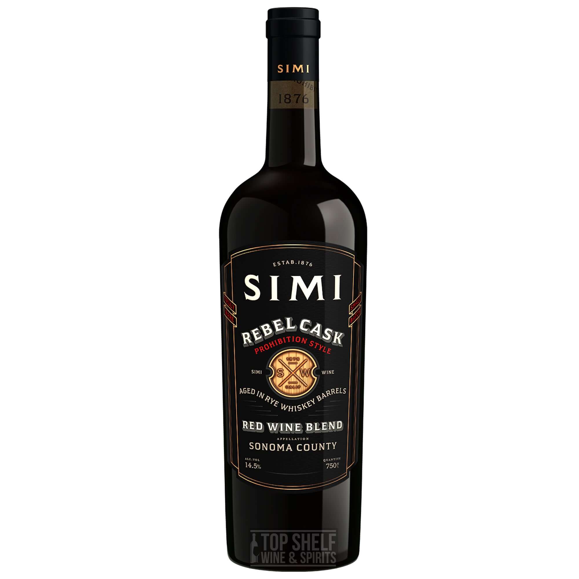 Simi Winery Rebel Cask Red Wine Blend from Sonoma County, aged in rye whiskey barrels for a unique flavor.