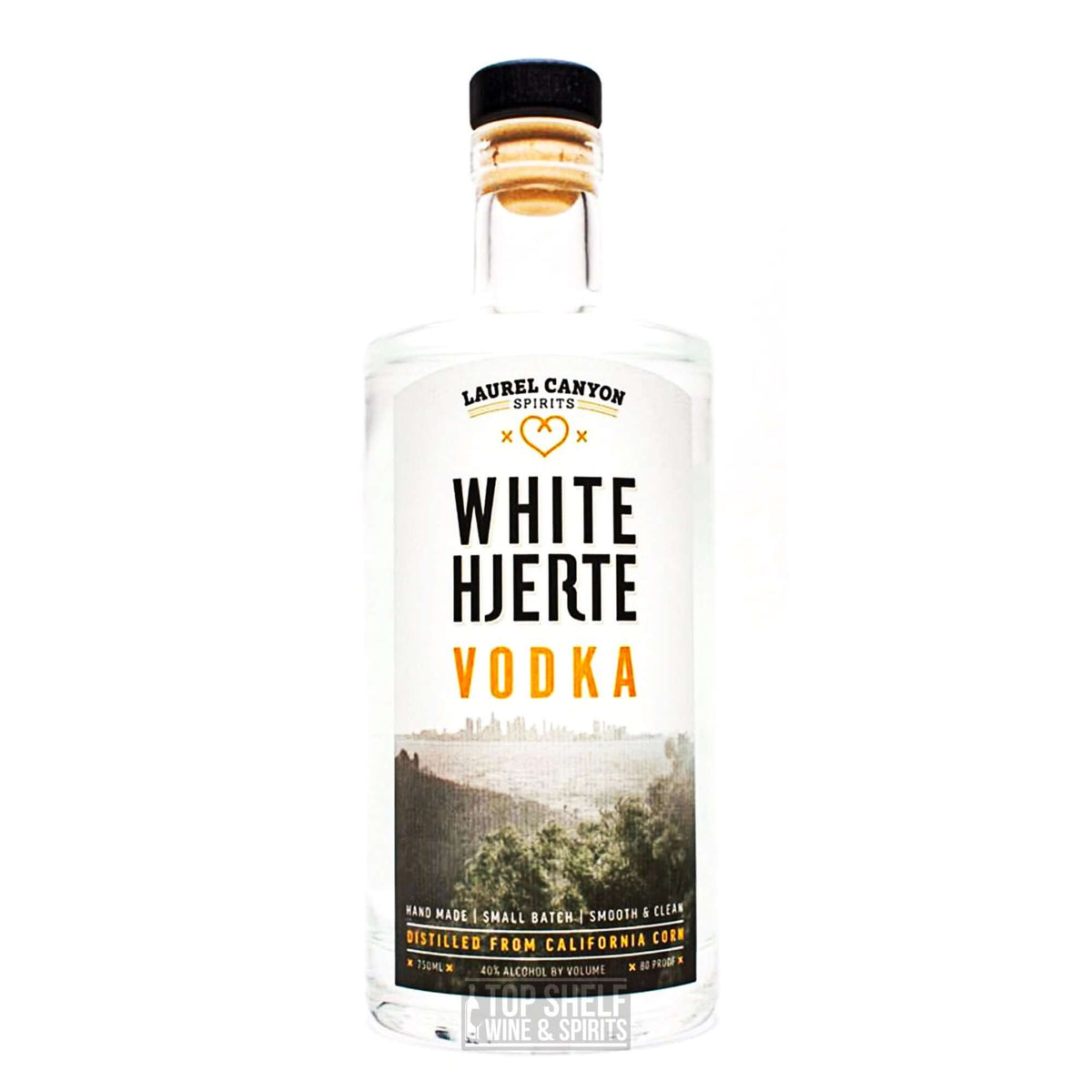 White Hjerte Vodka bottle, handmade and smooth, distilled from California corn.