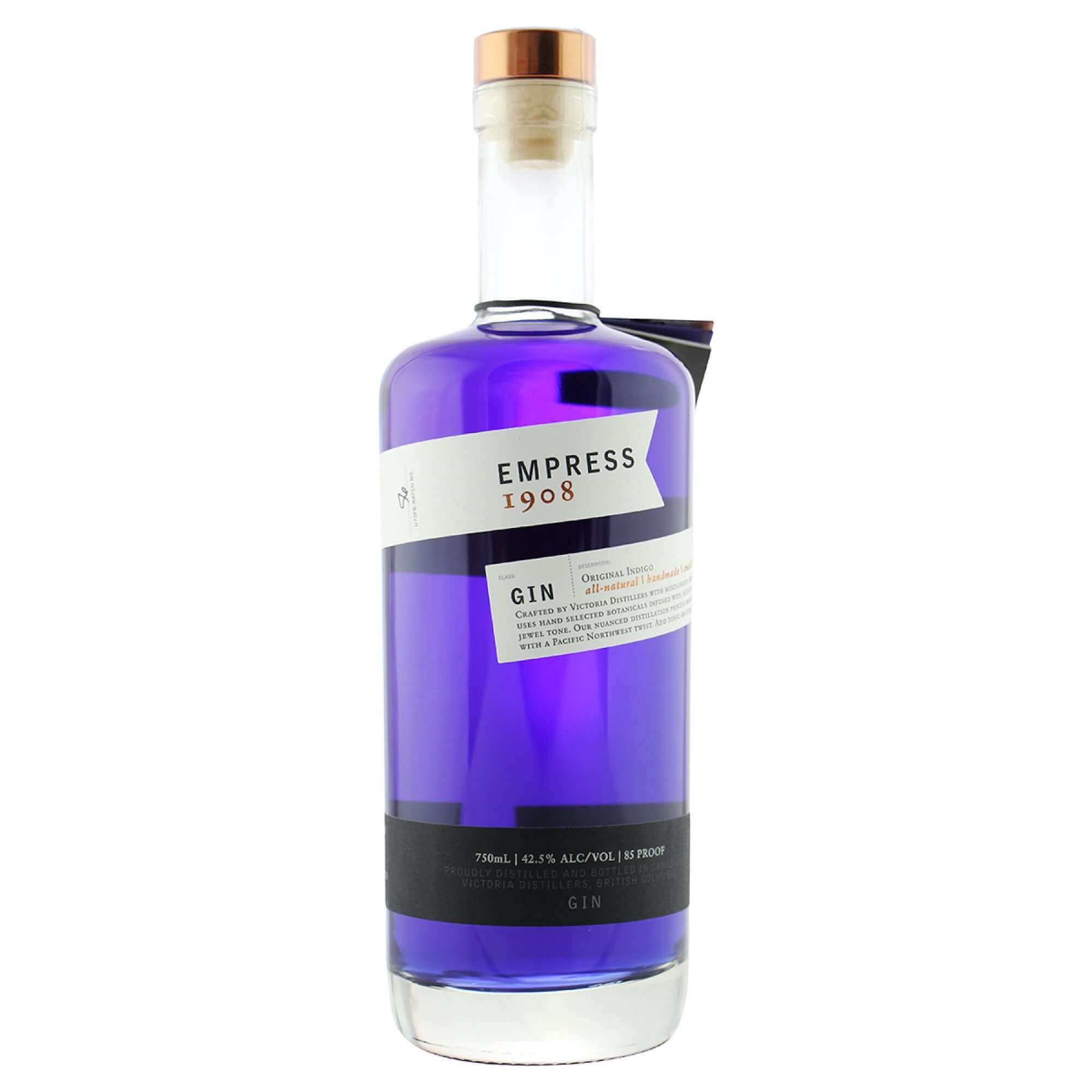 Empress 1908 Gin bottle featuring unique purple hue, handcrafted with traditional botanicals and butterfly pea blossom.