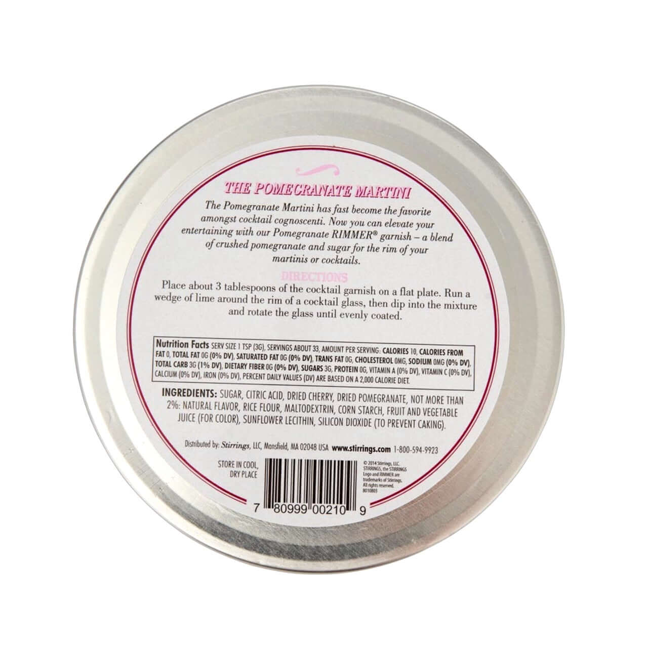 Back label of Stirrings Pomegranate Rimmer showing usage instructions and ingredients for cocktails.