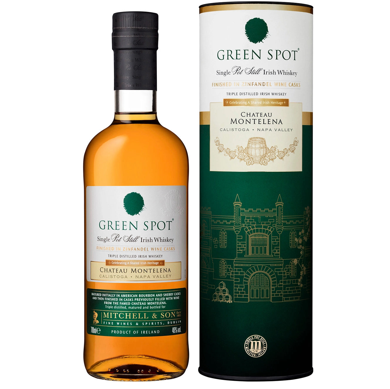 Green Spot Chateau Montelena Irish Whiskey bottle and packaging, featuring Zinfandel cask finish from Napa Valley.