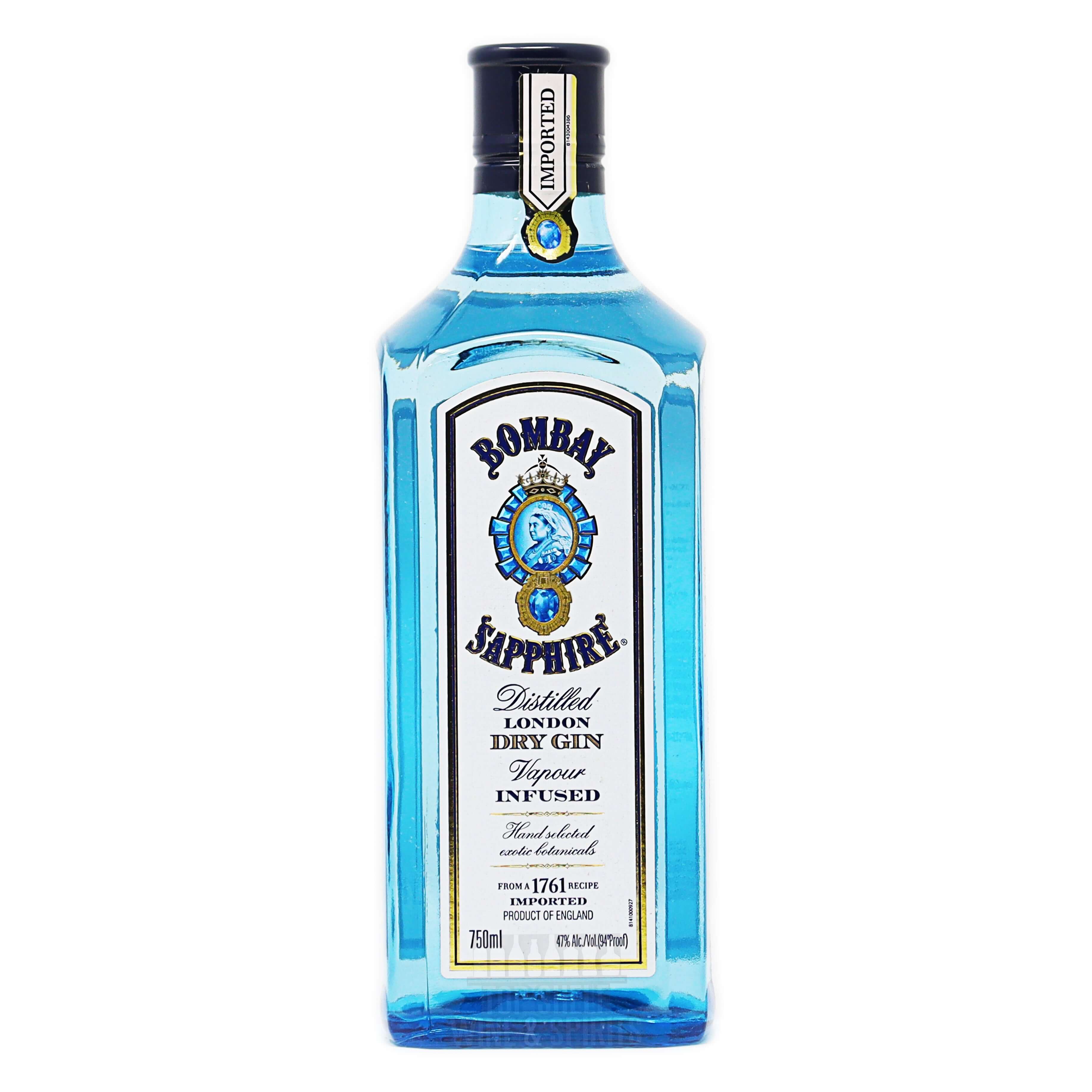 Bombay Sapphire gin bottle, showcasing hand-selected botanicals, 47% ABV, gluten-free, vibrant infusion.